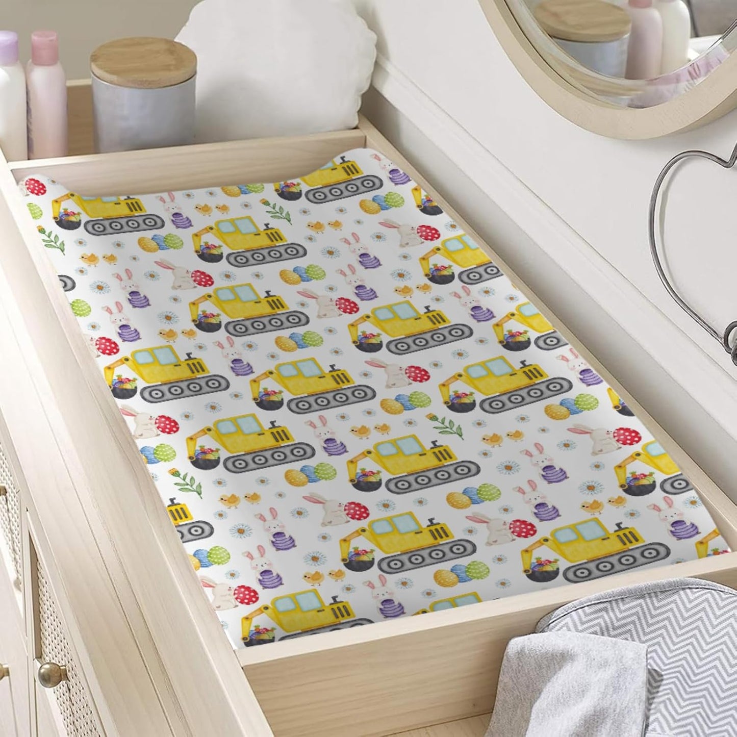 Easter Construction Trucks Changing Pad Cover Colorful Bunny Eggs Chicks Spring Floral Unisex Diaper Change Table Sheets for Boy Girl Soft Breathable Stretch Fitted Changing Pad Table Mats 32''x16''