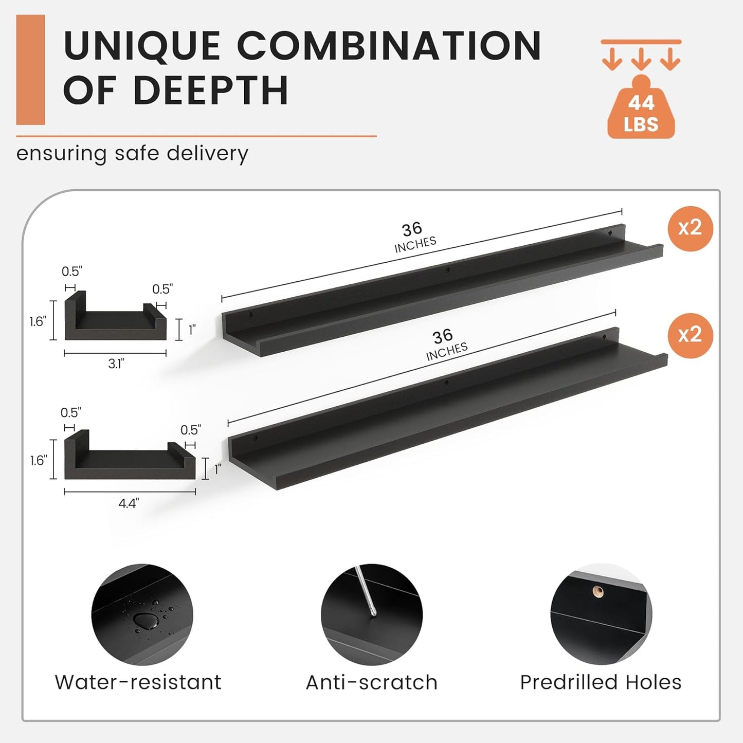 Floating Picture Ledge Shelves for Wall Set of 4, 36 Inch Wall Shelves with Lip Long Large Nursery Book Shelf for Toys Storage Kids Bookshelf Wall Mounted Living Room Bedroom Decor Frames