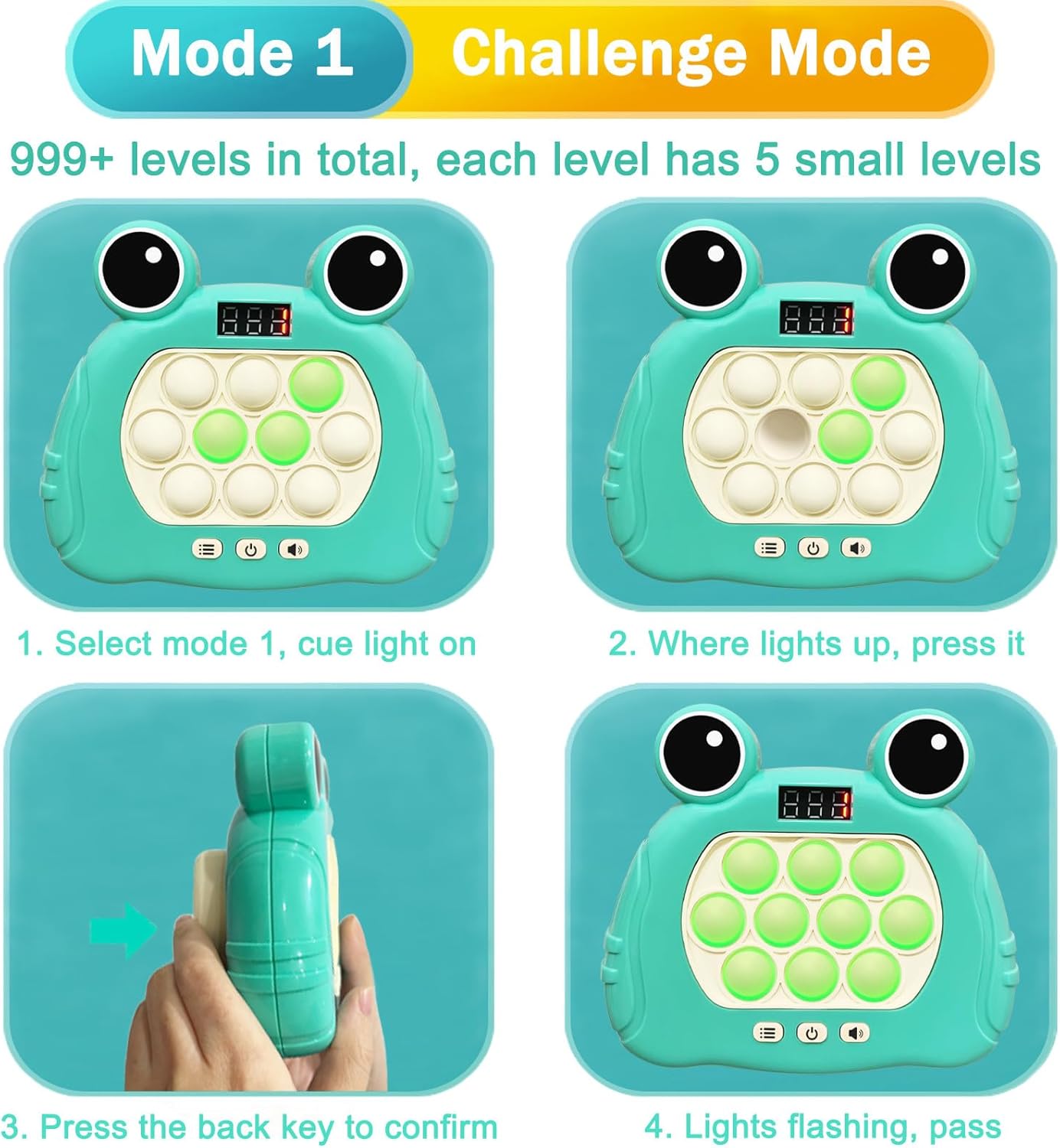 Pop Quick Push Game Light Up Fidget Toys Handheld Puzzle Press Popping Game Console for Kids Ages 3+ Adult Green Frog