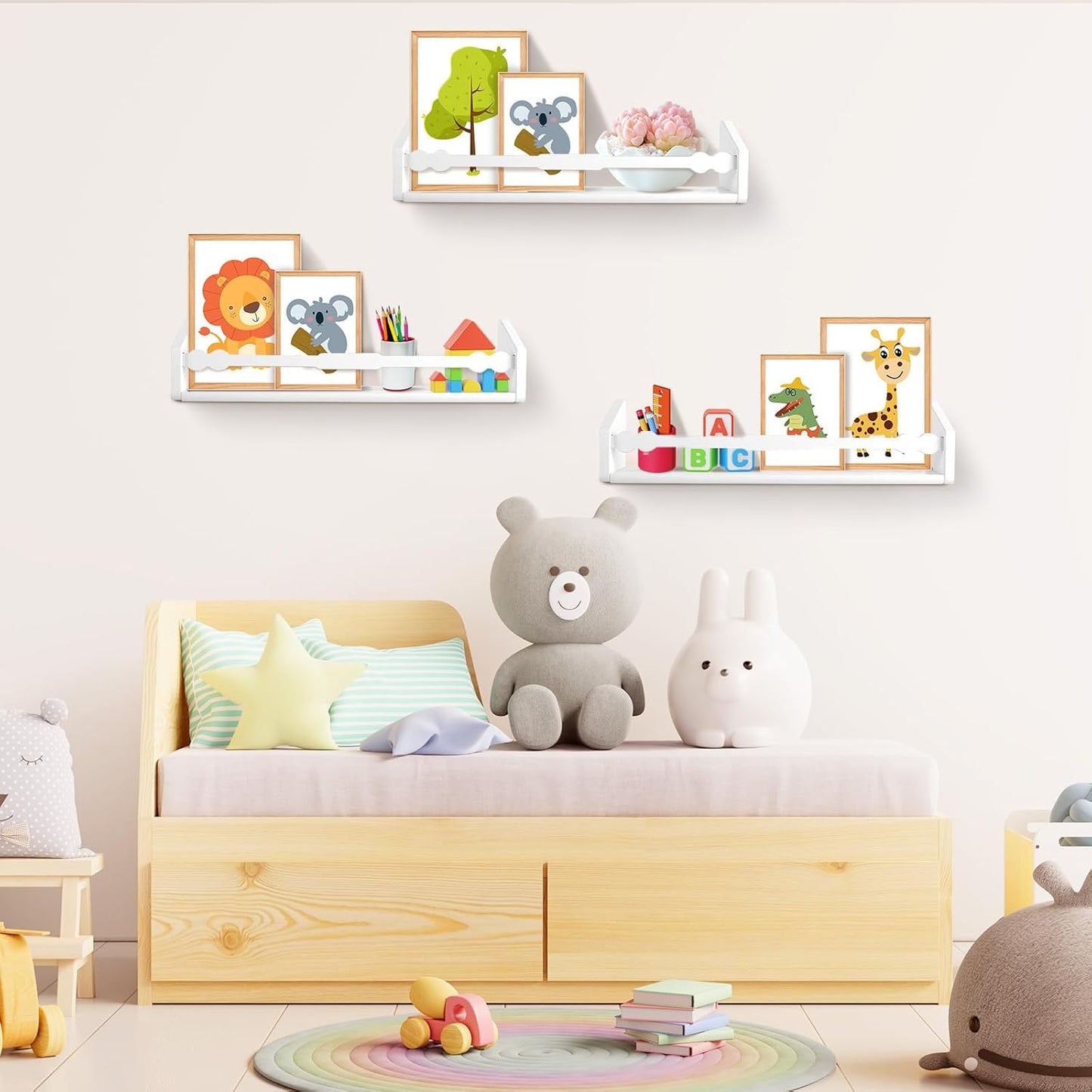 comfoyar Nursery Book Shelves Set of 3, 15.7 Inch Solid Pine Floating Shelves for Wall, Hanging Bookshelf for Kids Boys Girls Baby, Decoration for Bedroom Kitchen Bathroom Playroom, White