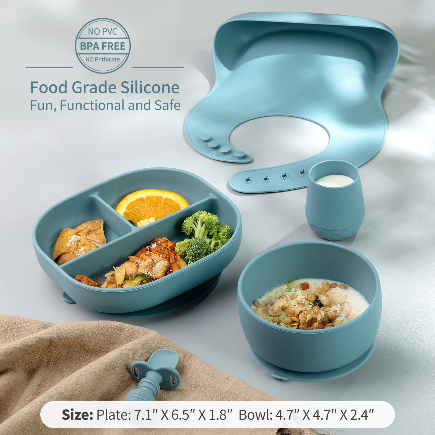 SAMiGO Silicone Baby Feeding Set, Baby Led Weaning Supplies, Suction Bowl Plate Bib Cup Self Feeding Spoons, Solid Food Eating Essentials, First Stage Utensils, 6+ Months