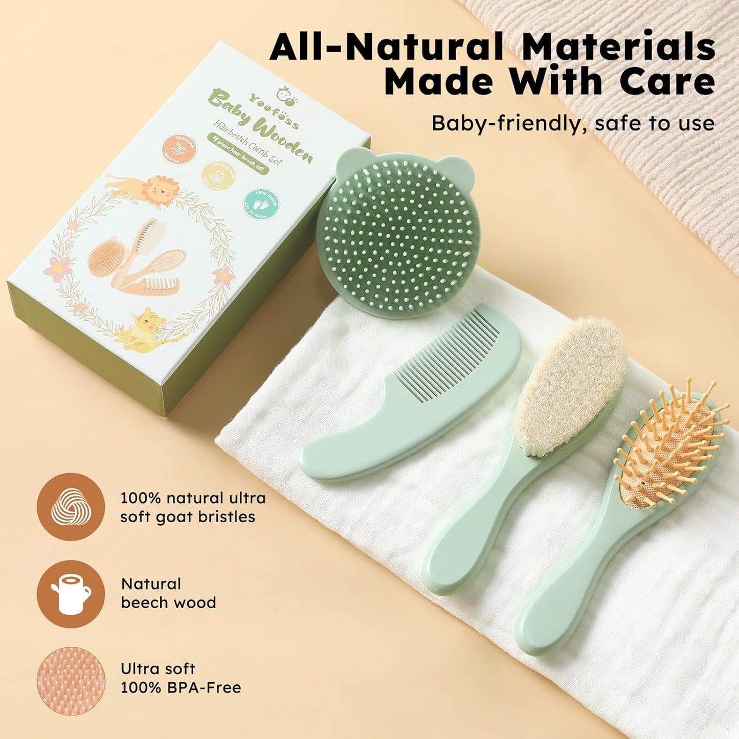 Yoofoss 4 Piece Baby Hair Brush and Comb Set，Wooden Baby Hair Brush with Natural Ultra Soft Goat Hair, Baby Comb Set for Boy, Girl - Green