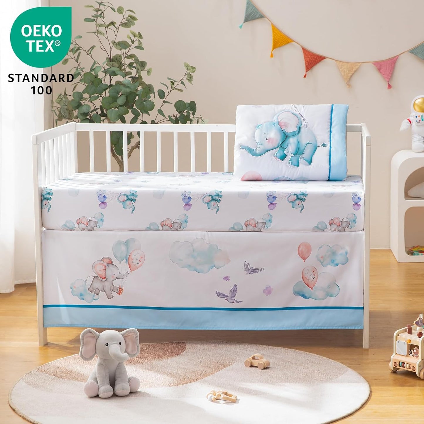 4 Piece Crib Bedding Set for Boys Girls, Infant Toddler Nursery Baby Bedding Sets Includes Cartoon Quilt, Fitted Crib Sheet, Crib Skirt and Plush Elephant Toy