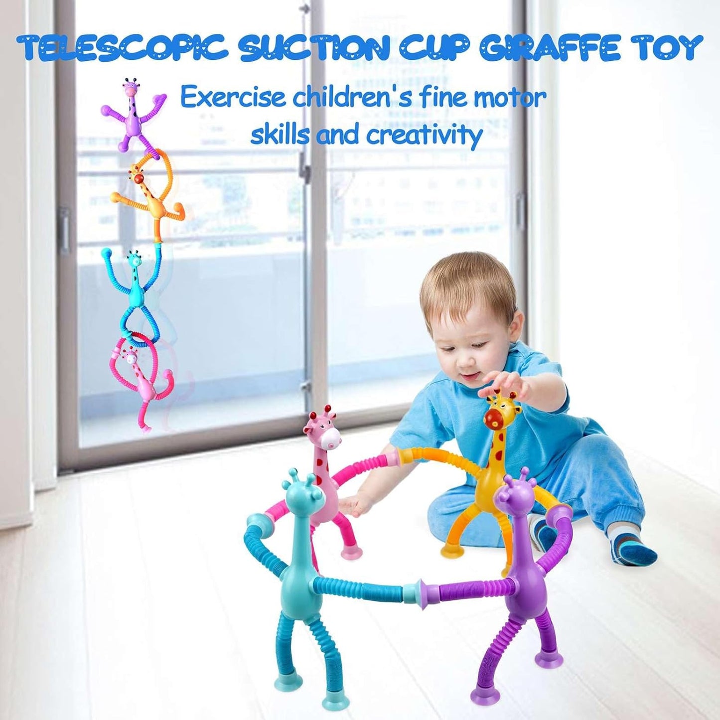 4 Pack Telescopic Suction Cup Giraffe Toy, Pop Tubes Baby Fidget Toys, Fine Motor Skills and Creative Learning, Autism Sensory Toys for Kids Toddler Age 3 4 5 6 Year Old, Boy Girl Gift