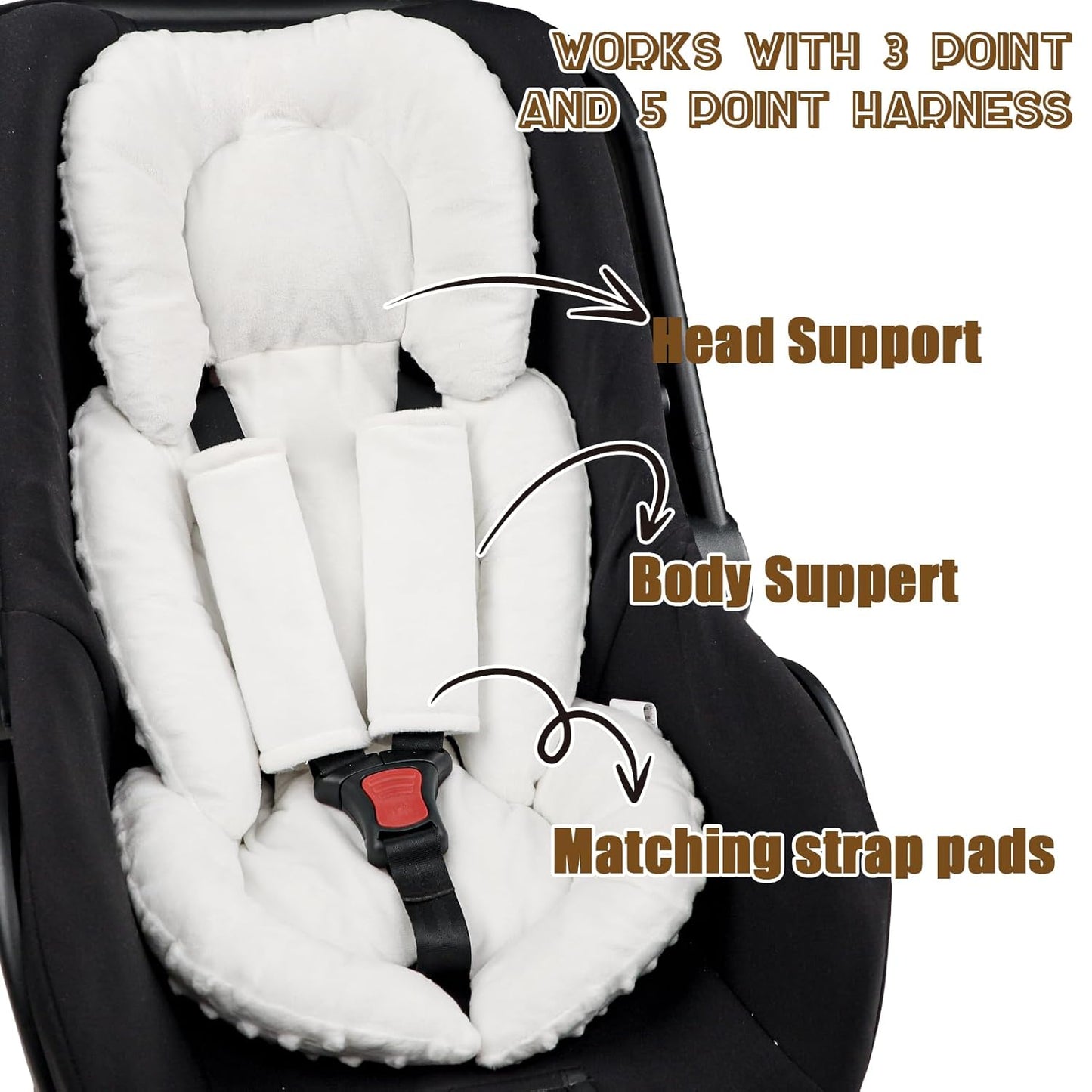 GFU Infant Car Seat Insert Head and Body Support, Reversible Newborn Insert for Carseat with Strap Pads, Soft Stroller Cushion Pillow Insert for Boys and Girls, Fits for Stroller, Swing, White