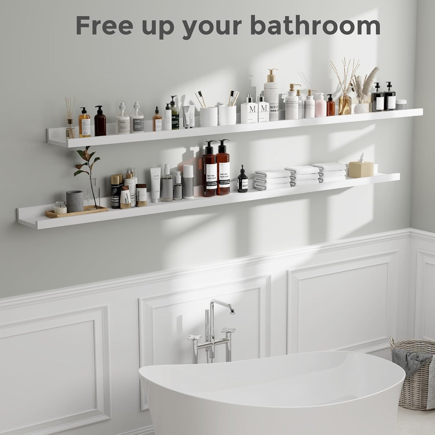 Fun Memories 72 Inch White Picture Shelves for Wall with Ledge, Natural Wood Floating Shelves with Lip, Set of 2, Farmhouse Rustic Wall Shelf Photo Shelf Nursery Bookshelf for Living Room, Kids Room