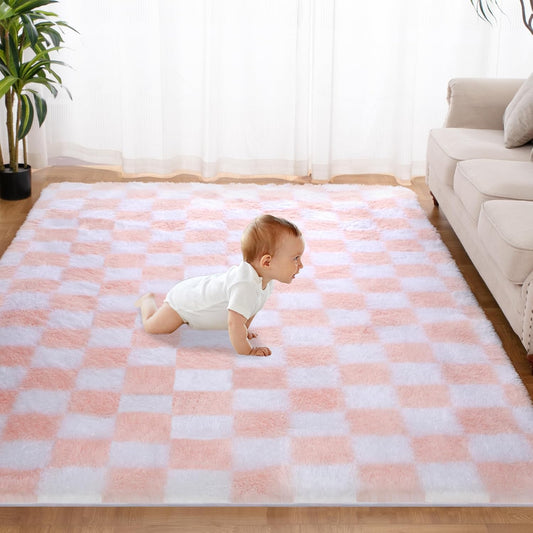 Super Soft Rug for Bedroom, 4x5.8 Ft Pink and White Area Rug Classic Checkered Shaggy Anti-Skid High Pile Soft Fluffy Rug Fuzzy Carpet for Living Room Bedroom Kids Room Nursery, Dorm Home Decor