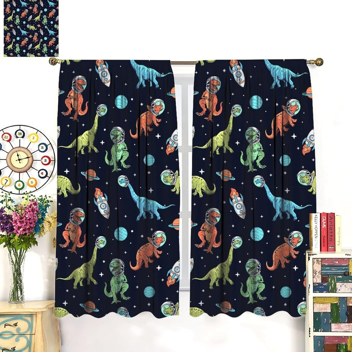 Cartoon Dinosaur Curtains for Kids Boys Girls Home Decor, Astronaut Rocket Funny Outer Space Blackout Rod Pocket Window Drapes for Bedroom Living Room W21xL45in Decor