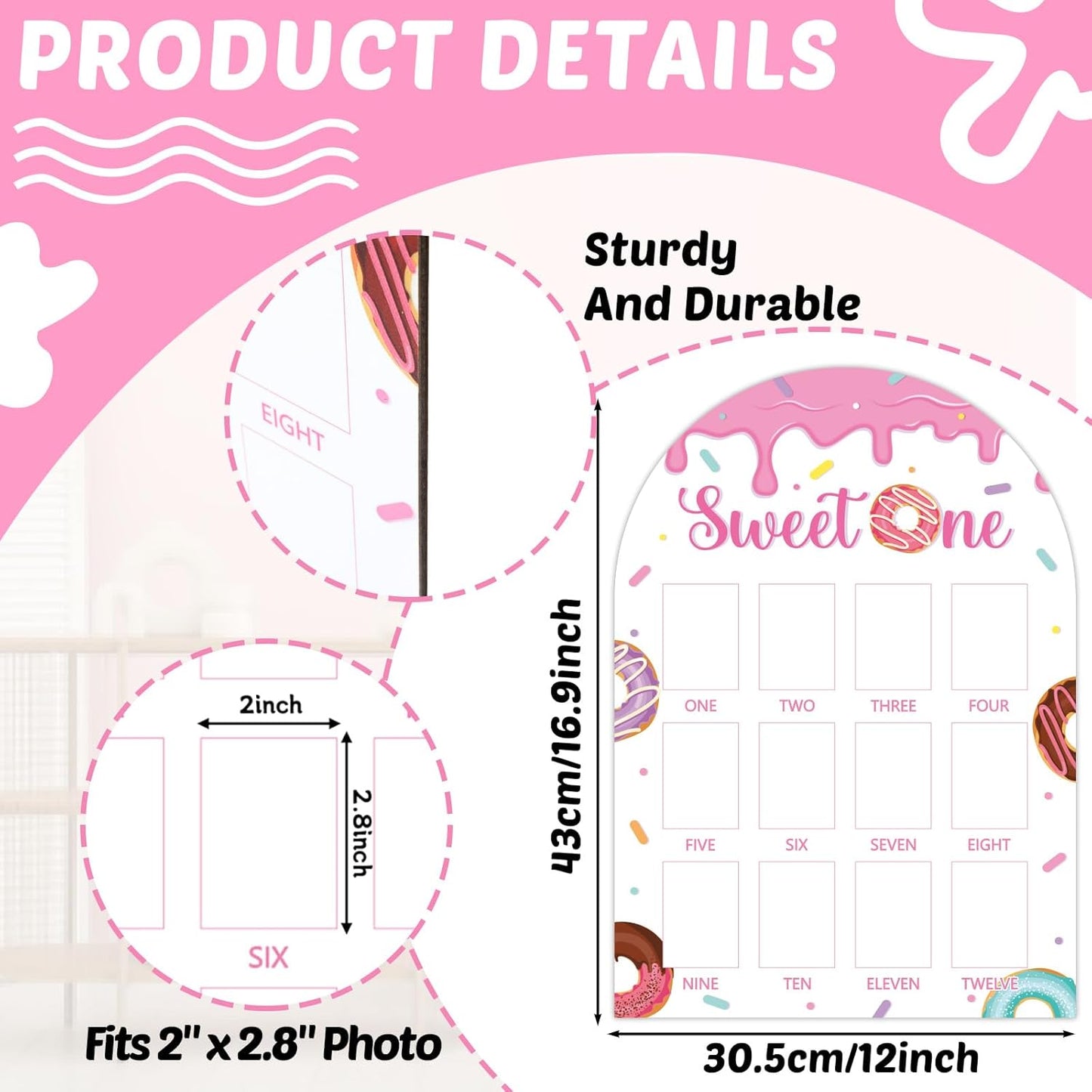 Sweet One First Year Photo Board Donuts Birthday Party Decorations Wooden Board 12 Monthly Milestone Picture Frame One Year Old Wood Sign 1st Birthday Photo Banner for Baby Girls Keepsake Gift Supply