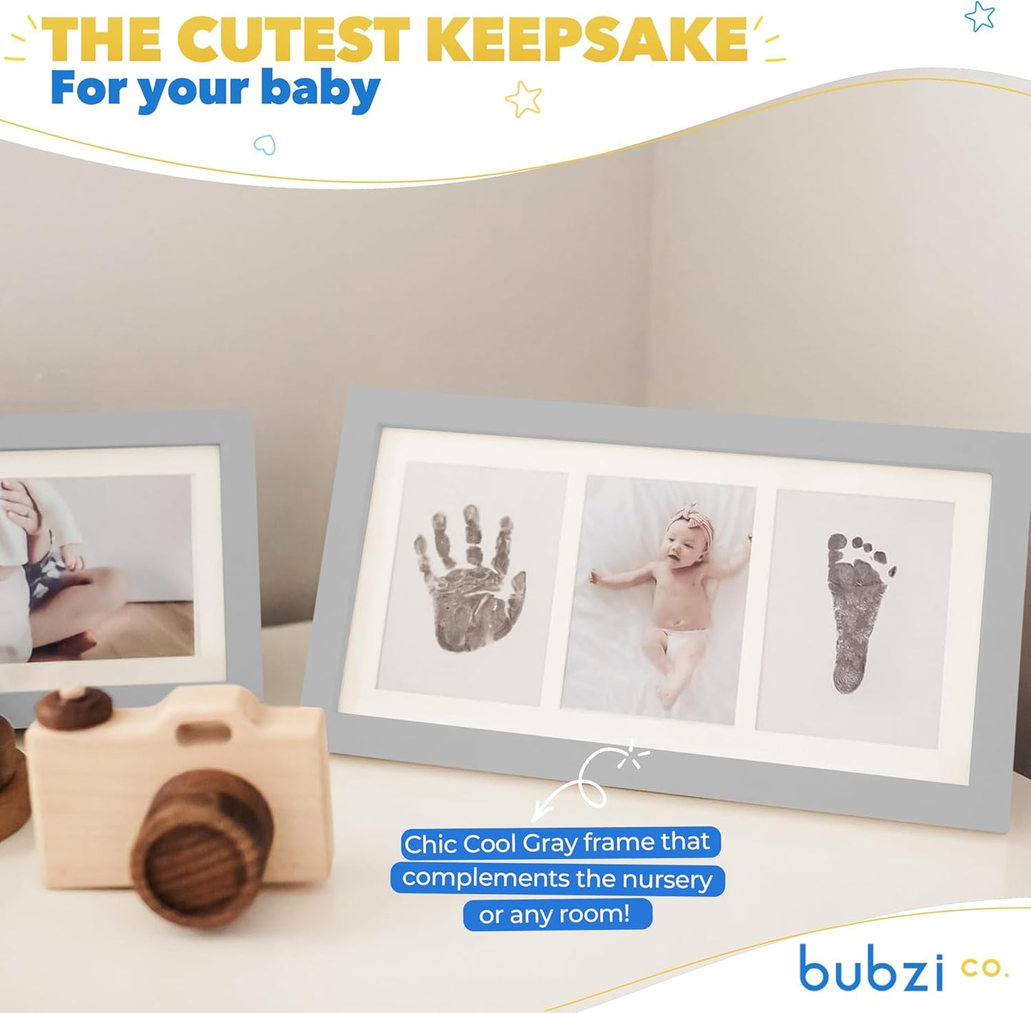 Bubzi Co Baby Handprint Kit & Footprint Photo Frame for Newborn Girls and Boys, Unique Baby Shower Gifts Set for Registry, Memorable Keepsake Decorations for Room Wall or Nursery Decor (Cool Gray)