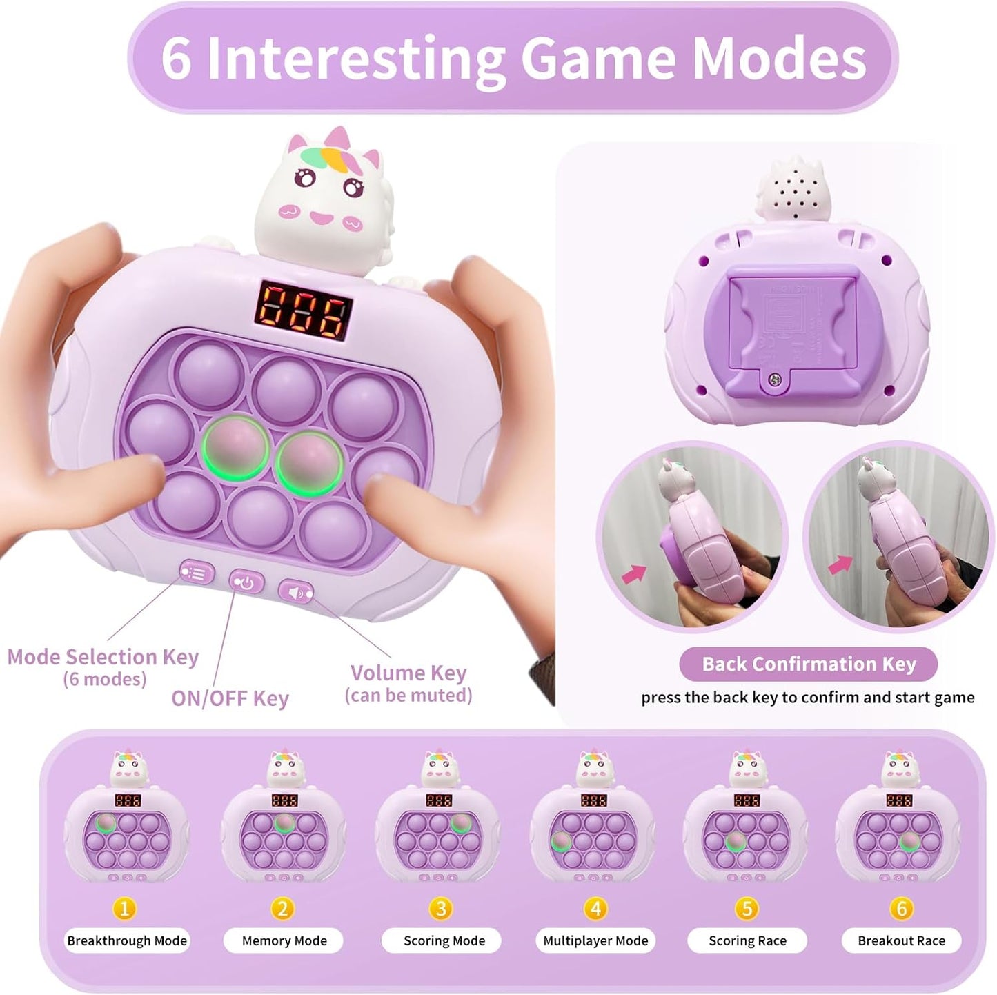 Pop Quick Push Game Light Up Fidget Toys Handheld Puzzle Press Popping Game Console for Kids Ages 3+ Adult Unicorn