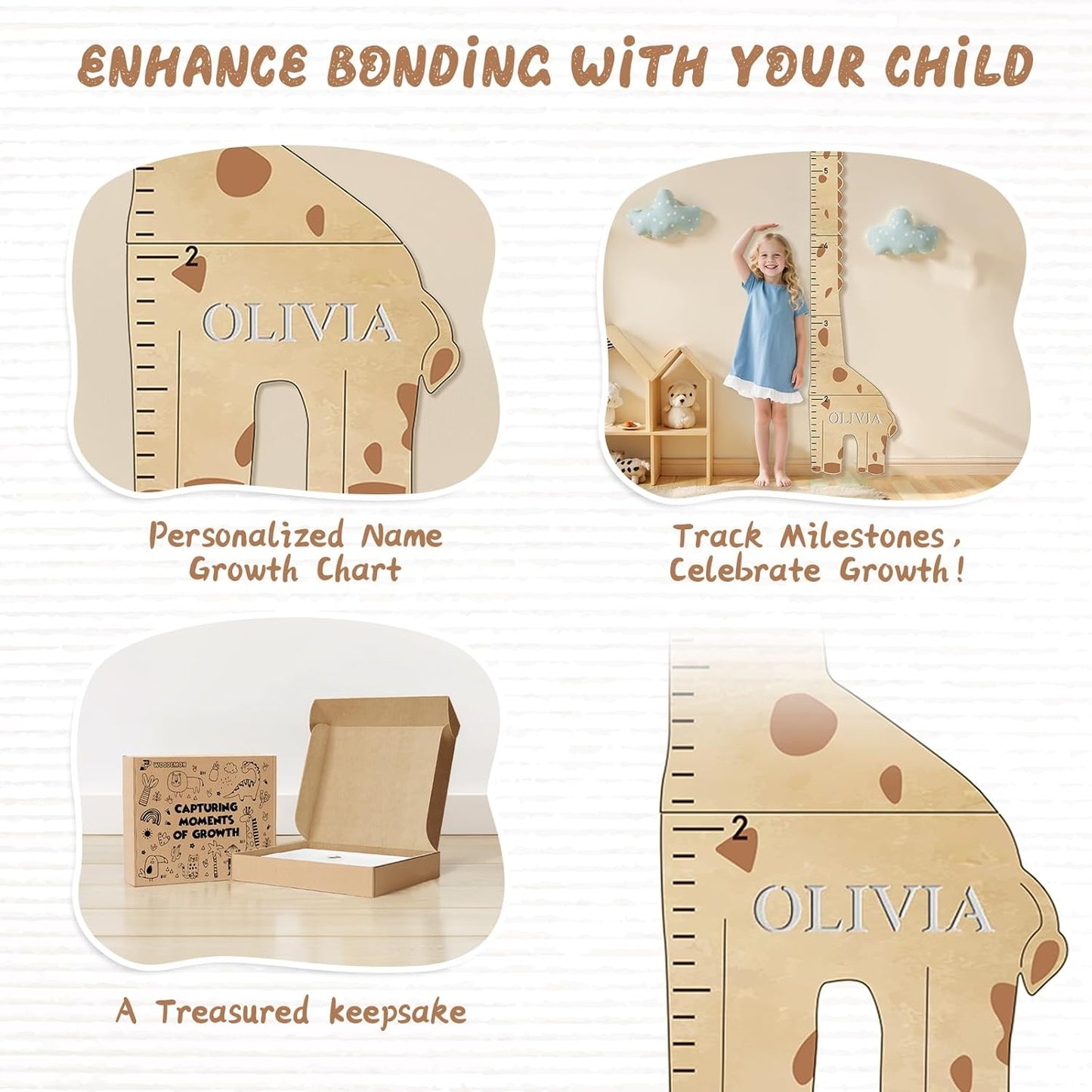 Personalized Name Children's Height Measurement Chart for Wall – Giraffe Kids Growth Chart Ruler, Nursery & Playroom Wall Decor 62.8" x 20.1"