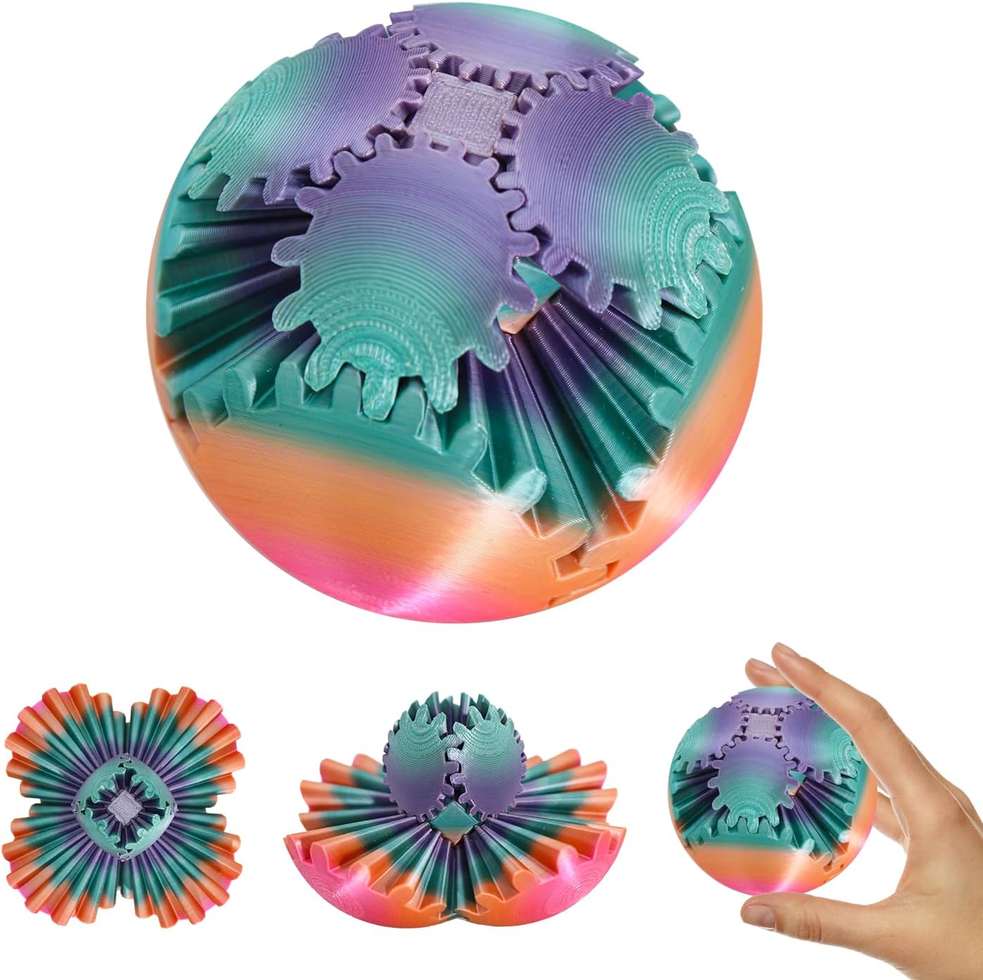 3D Printed Gear Ball Spin Ball，Gear Sphere, Gear Ball Fidget Toy, Stress Ball, GearSphere Desk Toy, Fidget Ball, Gear Toy for Stress and Anxiety Relaxing (Rainbow)
