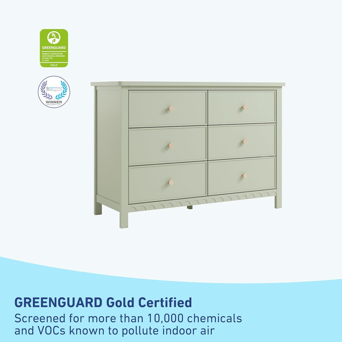 Graco Sasha 6 Drawer Dresser (Sage) – GREENGUARD Gold Certified, Wood Storage for Nursery or Kids’ Room, Safe Interlocking Drawer System & Easy Assembly with Pre-Installed Tracks