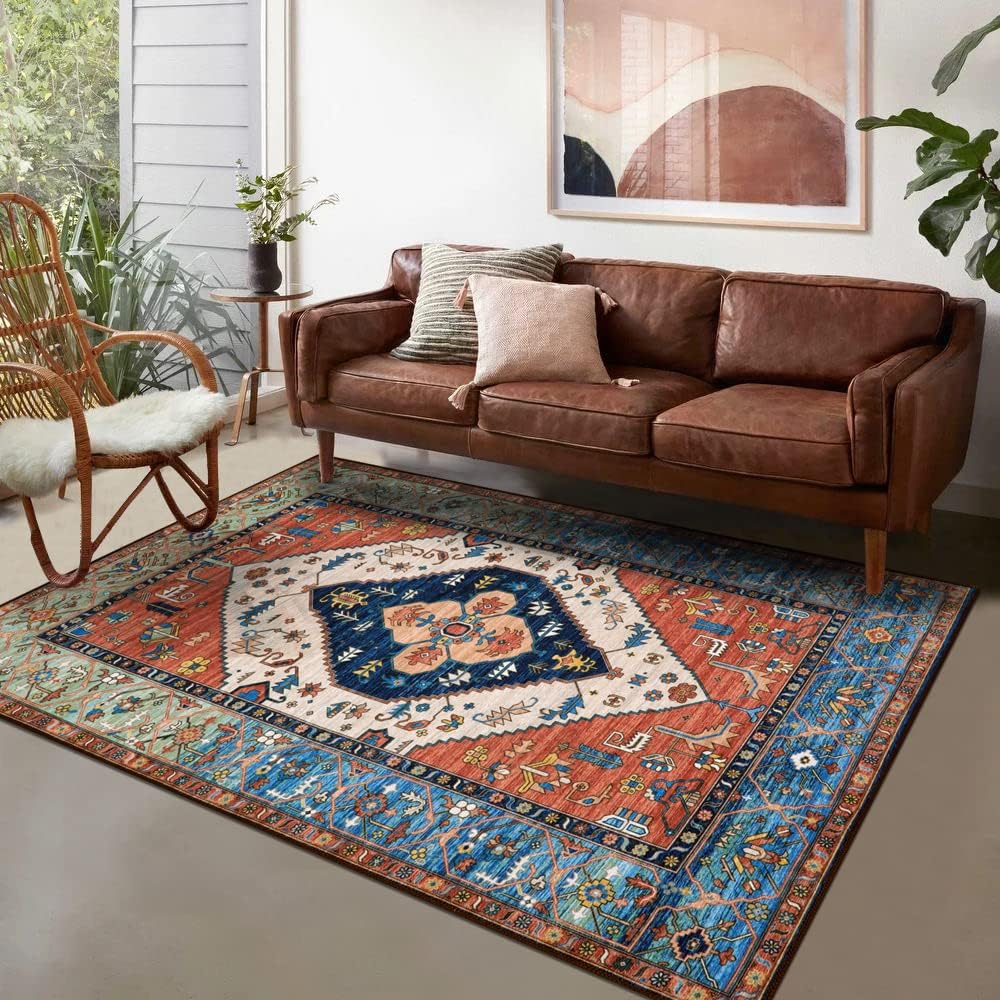 Lahome Boho Machine Washable Rugs - 5x7 Area Rugs for Living Room Non-Slip Oriental Throw Bedroom Rug Ultra-Thin Large Office Dining Room Rug Accent Floor Carpet for Kitchen Laundry Room