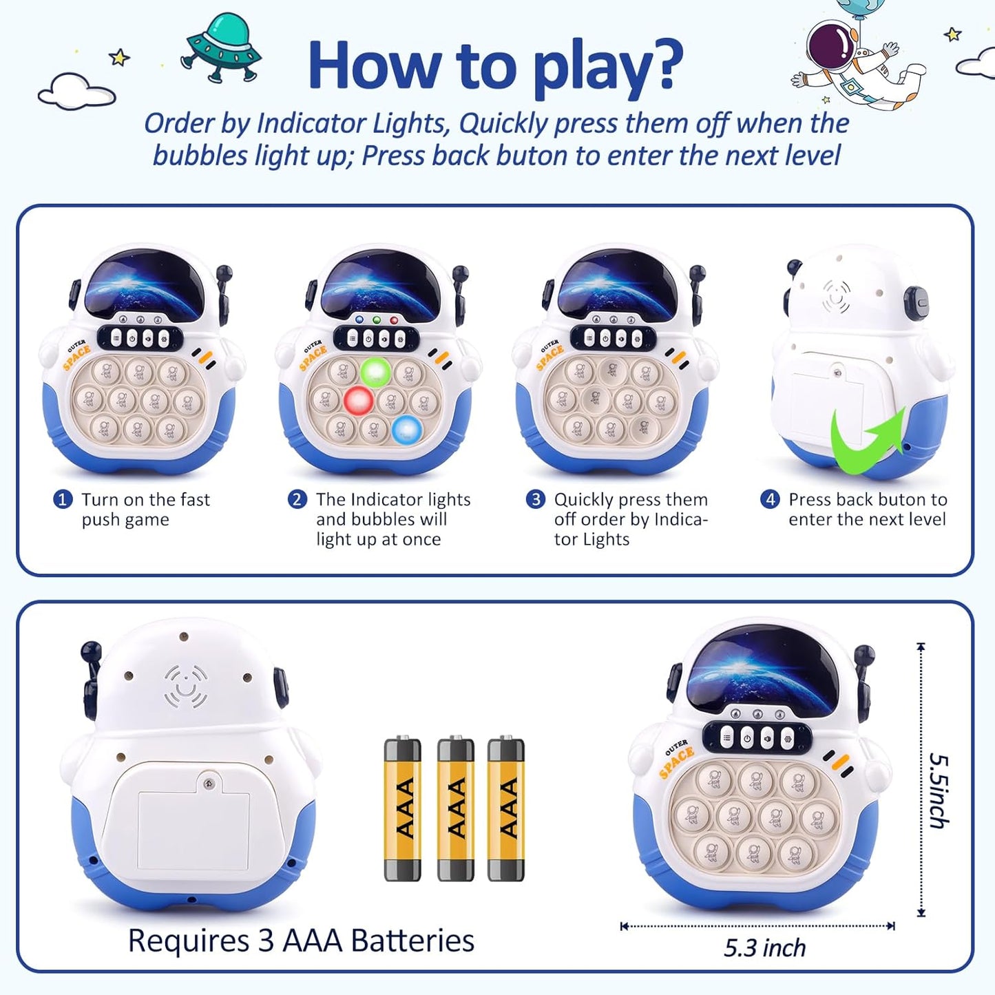 Quick Push Game Fidget Toys for Kids Adults, Handheld Puzzle Game Sensory Toys, Fast Push Bubble Game, Xmas Birthday Gifts for Boys Girls (Astronaut - Blue)