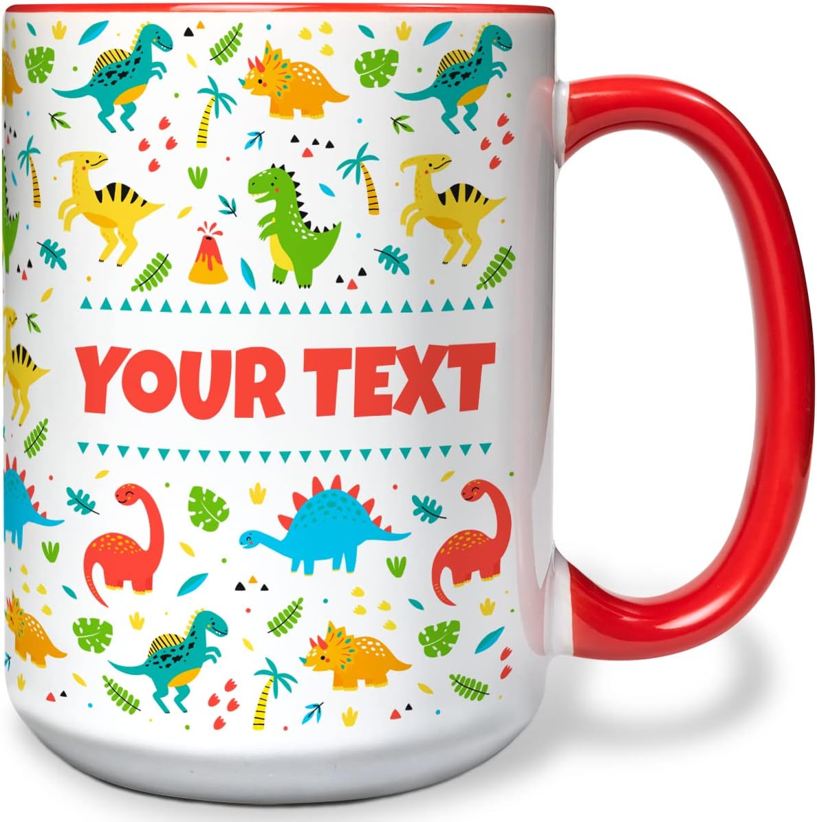 Personalized Mug for Kids - Dinosaurs - Custom Name/Text, Ceramic Hot Chocolate/Cocoa/Coffee Cup for Boys/Girls, Birthday/Christmas/Holiday Gift - 15 oz, Red Handle