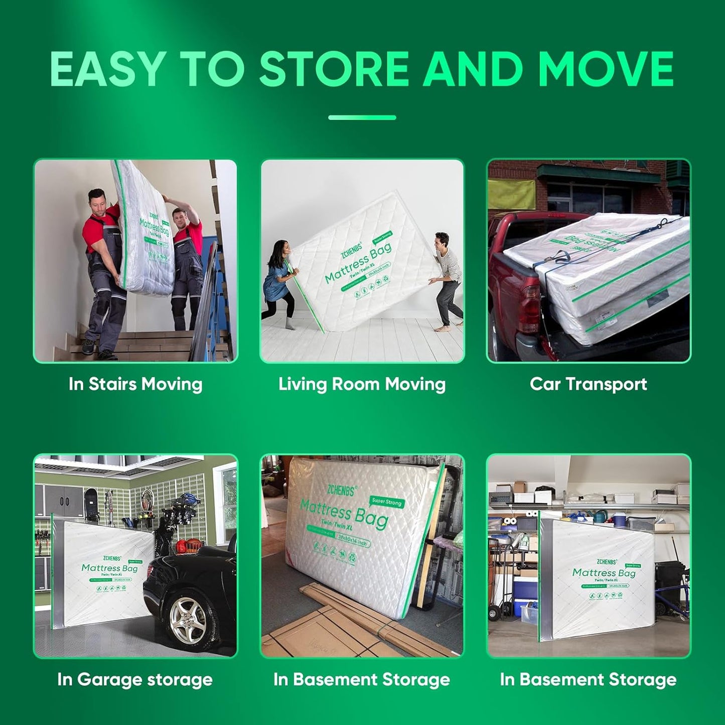 ZCHENBS® – Mattress Bags for Moving and Storage,Mattress Bag with Zippers,5 Mil Ultra-Thick Bed Bag,Waterproof,Anti-Tear,Heavy-Duty Mattress bag (Tansparent/Green, Green-Twin/Twin XL-(1 Pack))