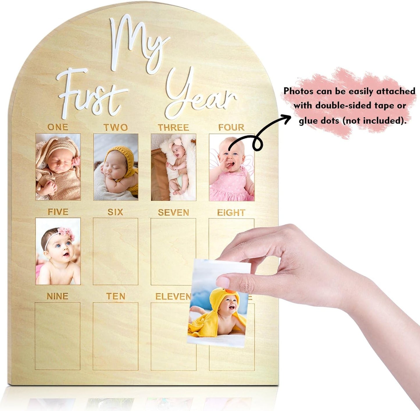 One Year Birthday Wooden Photo Board My First Year Milestone Photo Board 12 Monthly Picture Frame Baby First year Wood Acrylic Sign 1st Birthday Decorations Baby Keepsake Gift (2" x 3" photos - Wallet Size)