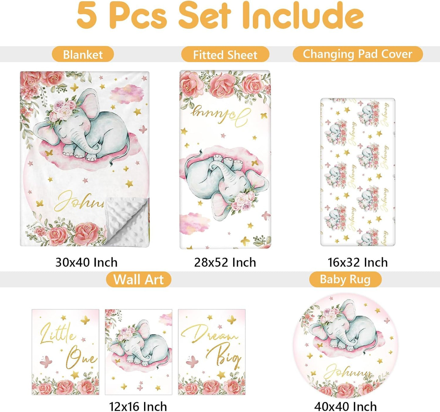 Custom Baby Crib Bedding Set, 5 Pcs Personalized Name Baby Crib Sets for Infant Toddler, Floral Elephant Nursery Bedding Set for Baby Girls, Double Layer Baby Bedding Sets Customized Gifts