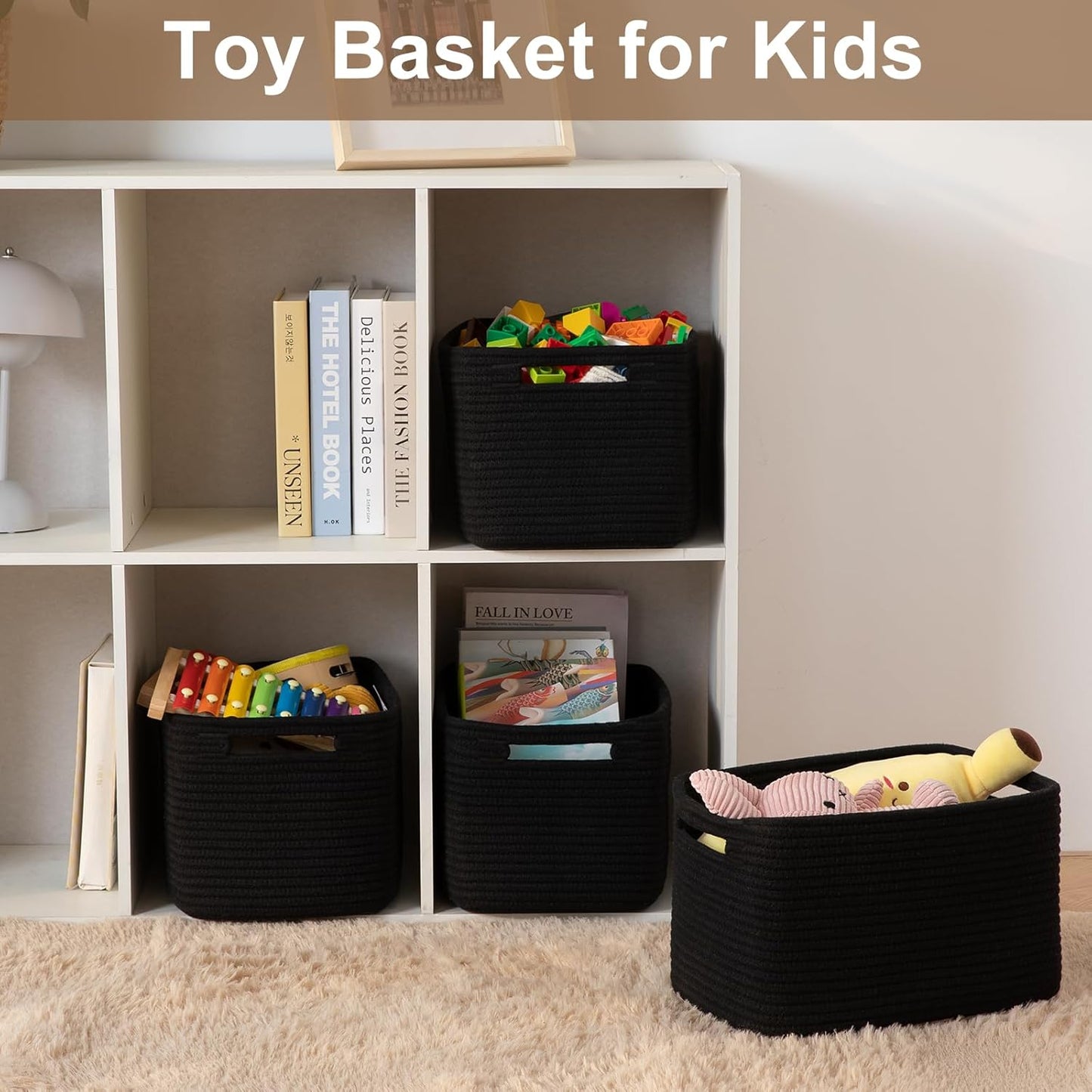 Storage Baskets for Organizing, Woven Decorative Baskets for Shelves - Books, Towels, and Clothes, Cotton Rope Toy Storage Bins, 12.7''Lx9''Wx7.8''H, Pack of 4, Black