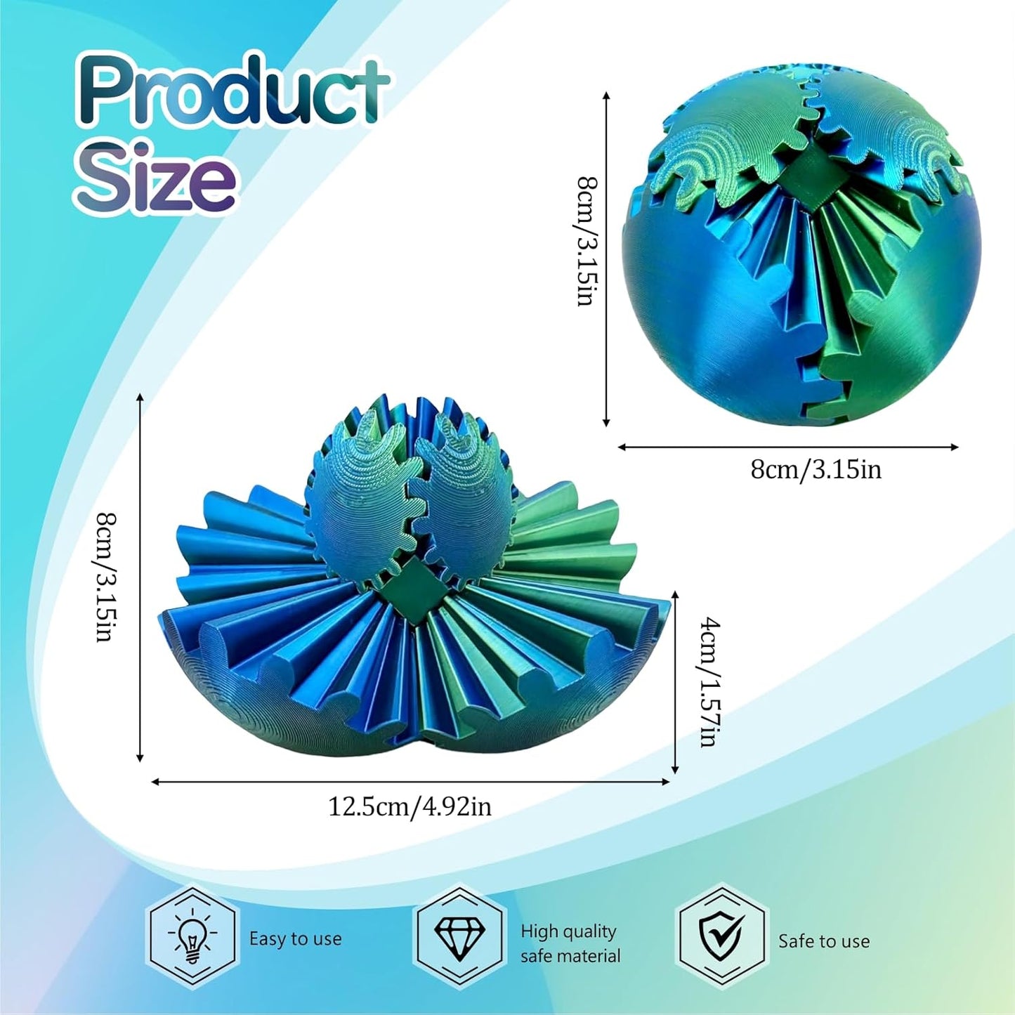 GearSphere Fidget Toy, 3D Printed Gear Ball Spin Ball Cube Desk Toy, 2024 Gear Sphere Cube Puzzle for Adults Kids, Stress and Anxiety Relaxing Fidget Toy (Blue-Green)