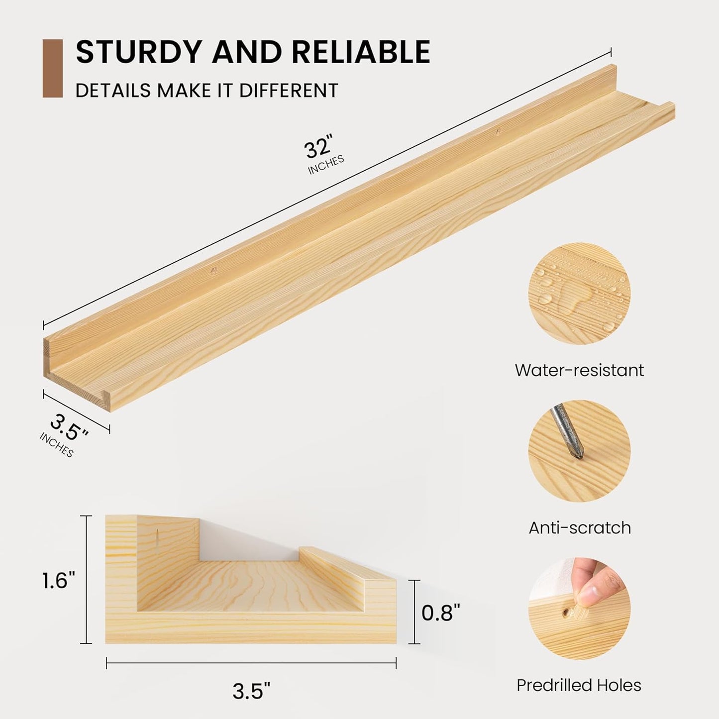 Picture Ledge Shelf, Solid Pine Wood Floating Shelves Set of 2, 32 Inches Nursery Book Shelves for Toys Storage, Kids Bookshelf Wall Mounted for Living Room Decor Photo Frames, Unfinished Natural