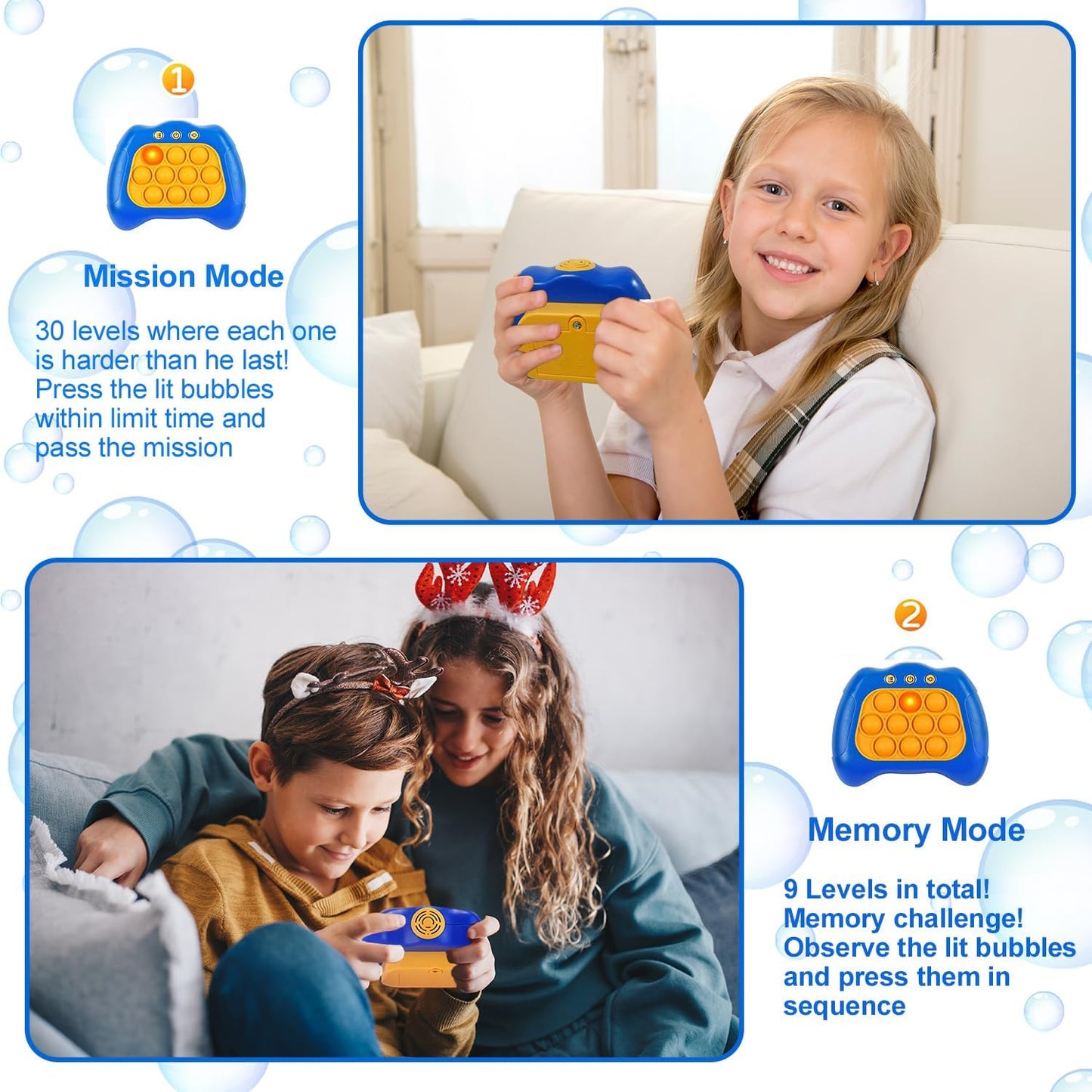 Quick Push Puzzle Game Machine Pop Fidget Light-Up Squeeze Poppet Sensory Toy Educational Push Pop Bubble Toy Stress Relief Party Favors Puzzle Game for Kids Teens Adults (Blue)