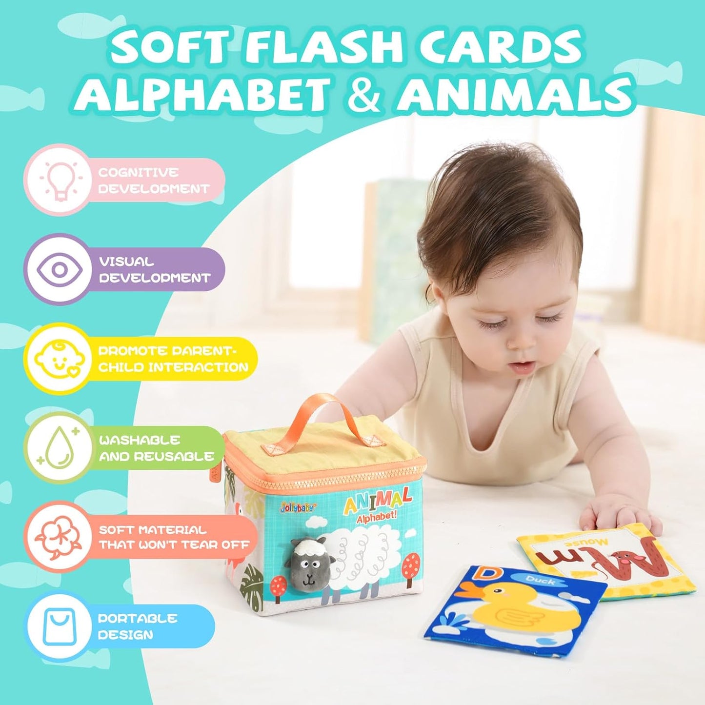Jollybaby Soft High Contrast ABC Alphabet/Letters Flash Cards for Baby 0-3-6-9-12-18 Month, Reusable Cloth Fabric Curious Flashcards for 1 Years Old