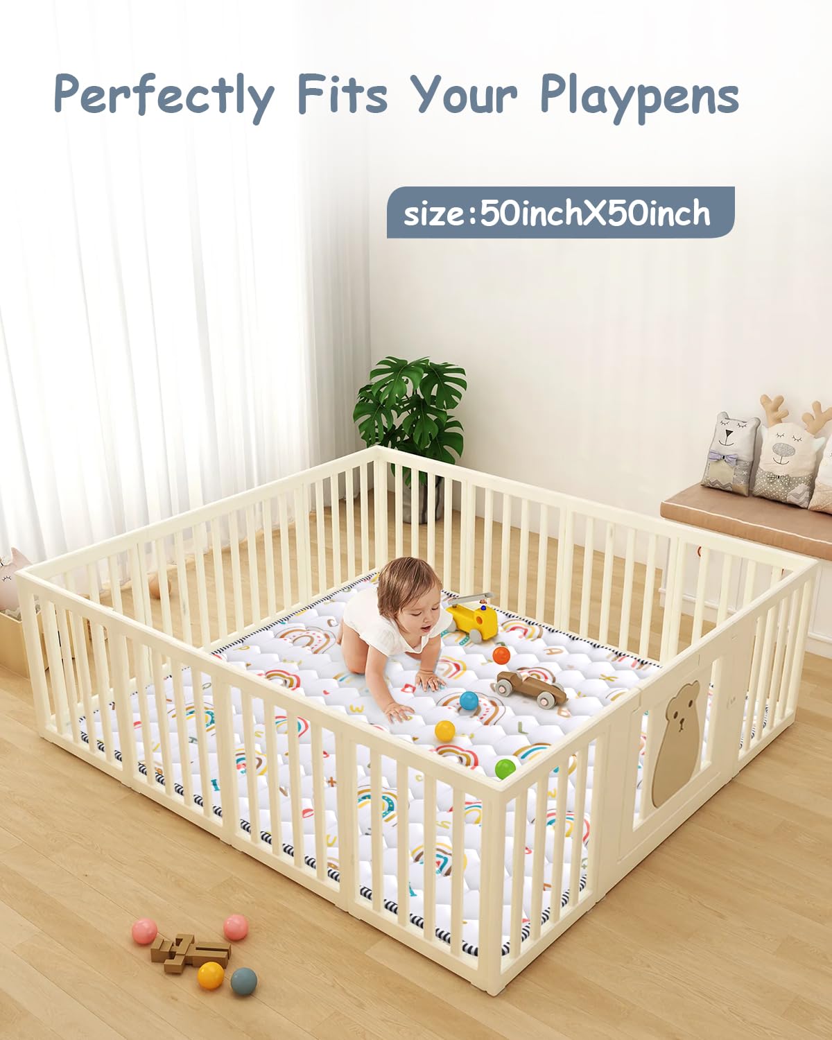 Boho Rainbow Baby Play Mat 50x50 Playpen Mat Thicken Soft Baby Crawling Mat Non-Slip Cushioned Baby Floor Mat with Letters, Activity Playmats for Babies Toddlers Play & Tummy Time (50X50,White)