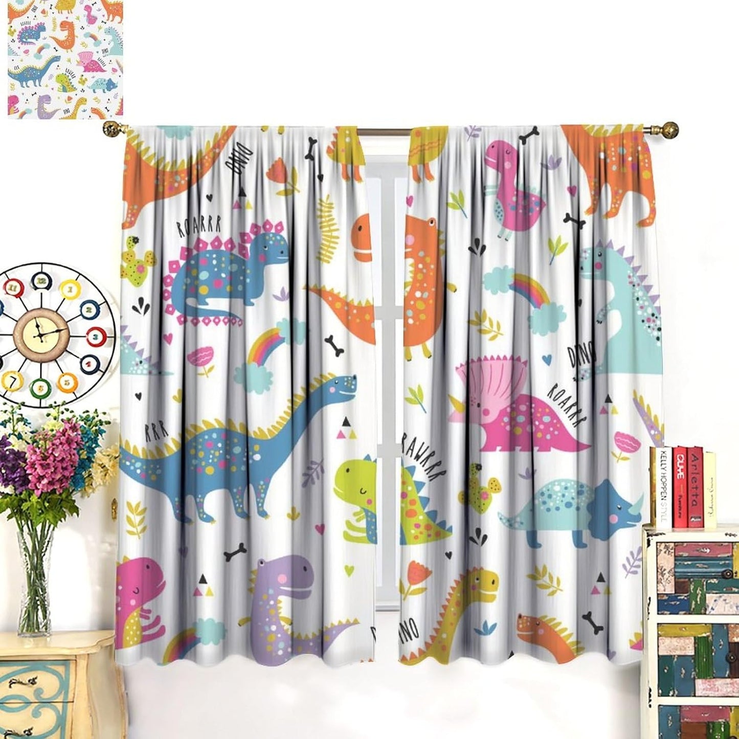 Cartoon Dinosaur Curtains for Boys Girls Home Decor Childish Cute Dino Animals Print Pattern Rod Pocket Blackout Window Drapes for Nursery Baby Bedroom Playroom W21xL45in Decor