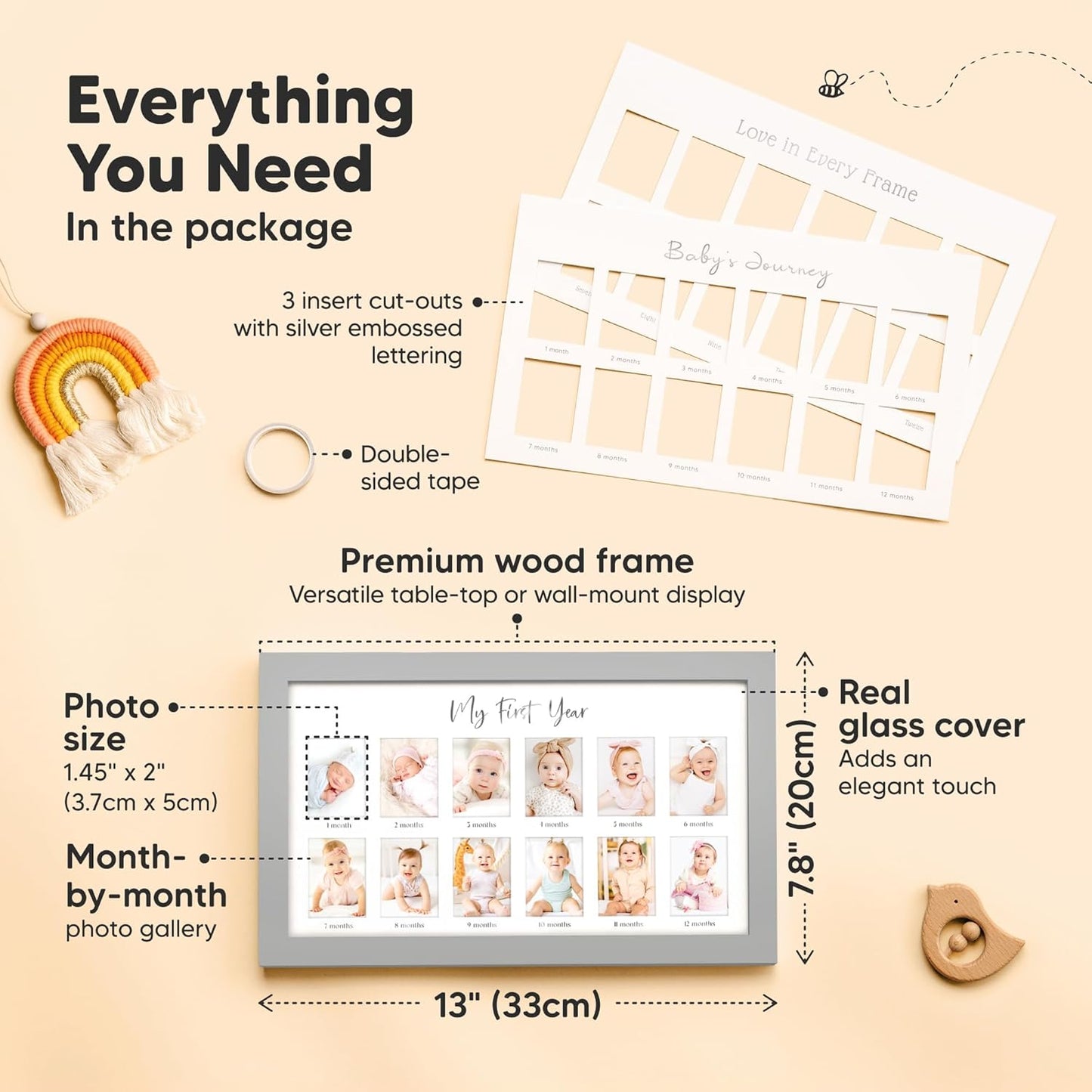 My First Year Photo Frame,12 Months Baby Picture Frame for Newborn Girl, Boy-Baby Shower Gifts Keepsakes,Monthly Baby's One Year Birthday Milestone,1st Nursery Photo Collage Display Board (Cloud Gray)