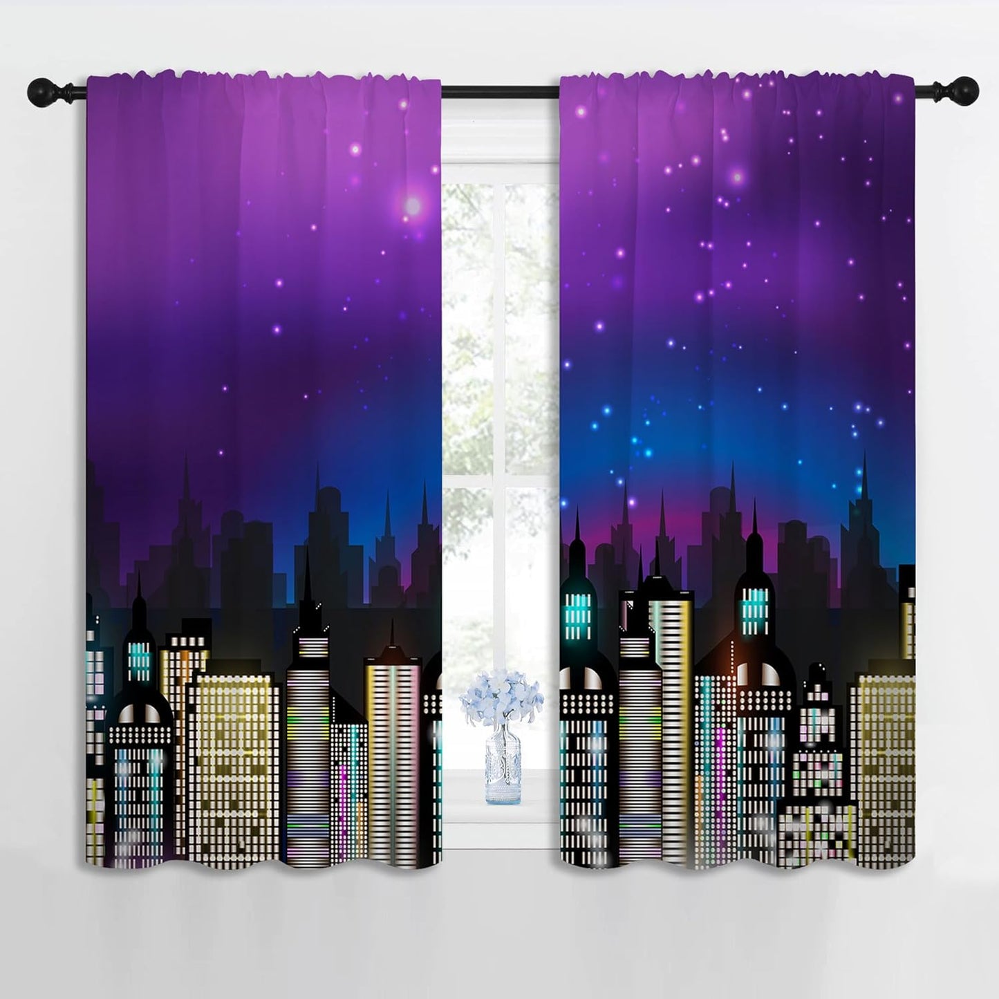Superhero Rod Pocket Blackout Curtains for Boy Girl Bedroom, Super City Skyline Buildings Night Panorama Home Energy Efficient Light Filtering Window Curtain for Living Room, 42x63 inch