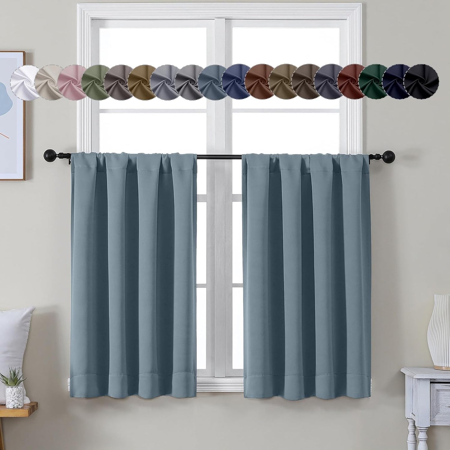 Simplebrand Ava Stone Blue Short 36 Inches Blackout Curtain 2 Panels Set, Half Window Rod Pocket Privacy Curtain Tiers for Kitchen, Curtains Blackout for Bathroom Shades, W40 x L36 Inch, Stone Blue