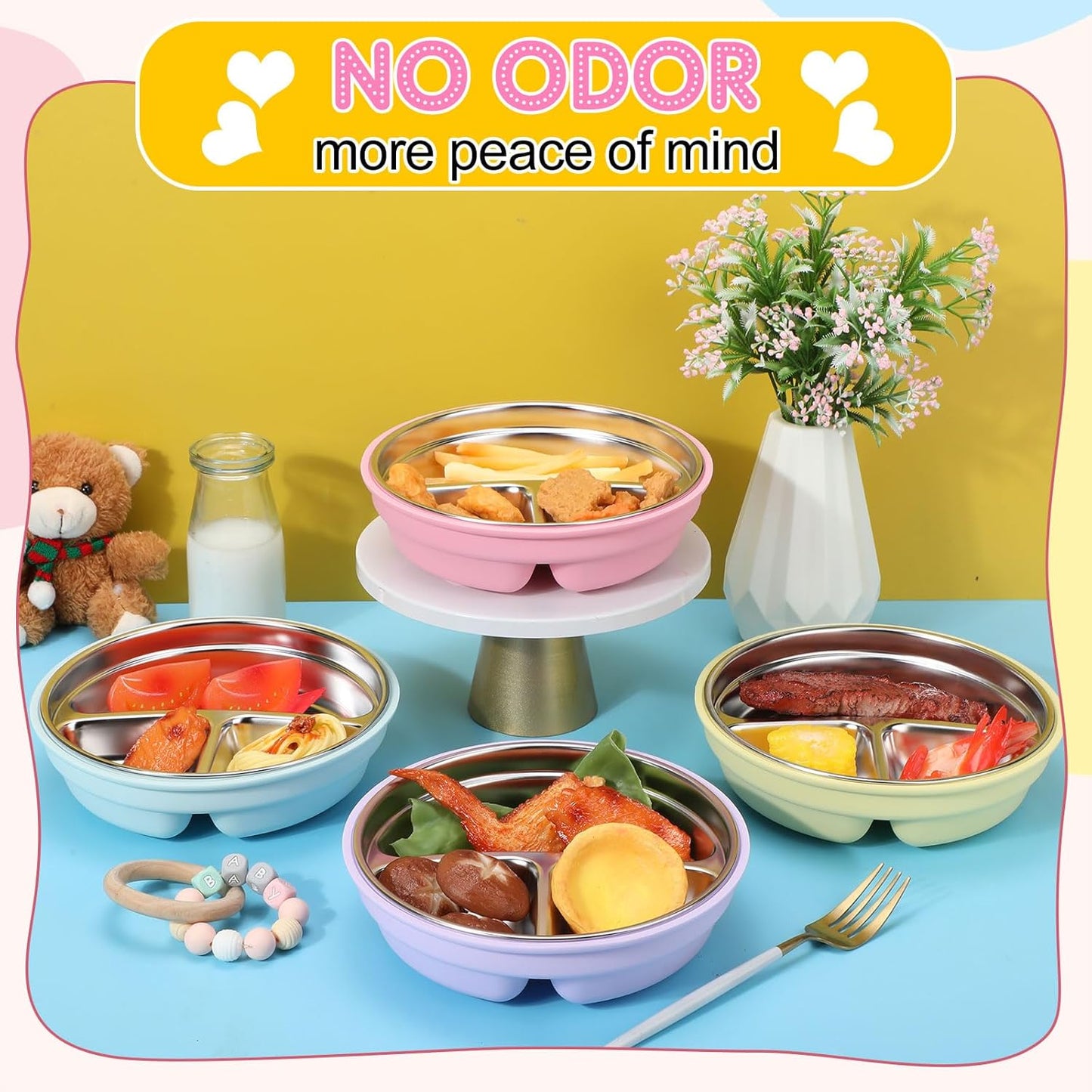 Nuogo 4 Pcs Stainless Steel Baby Suction Plates with Removable Silicone Shell 2-in-1 Metal Toddler Bowl Divided for Picky Eaters Kid Feeding Led Weaning Supply, Dishwasher Safe (Macaron Series)