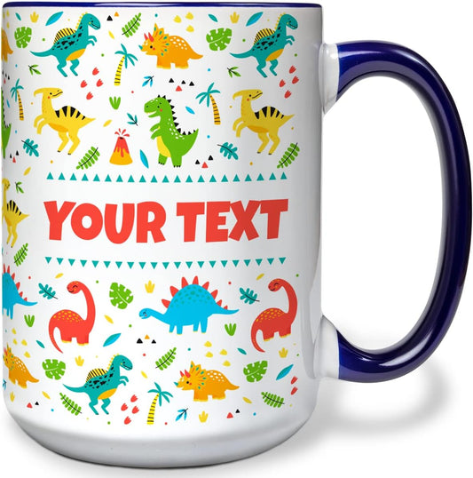 Personalized Mug for Kids - Dinosaurs - Custom Name/Text, Ceramic Hot Chocolate/Cocoa/Coffee Cup for Boys/Girls, Birthday/Christmas/Holiday Gift - 15 oz, Navy Blue Handle