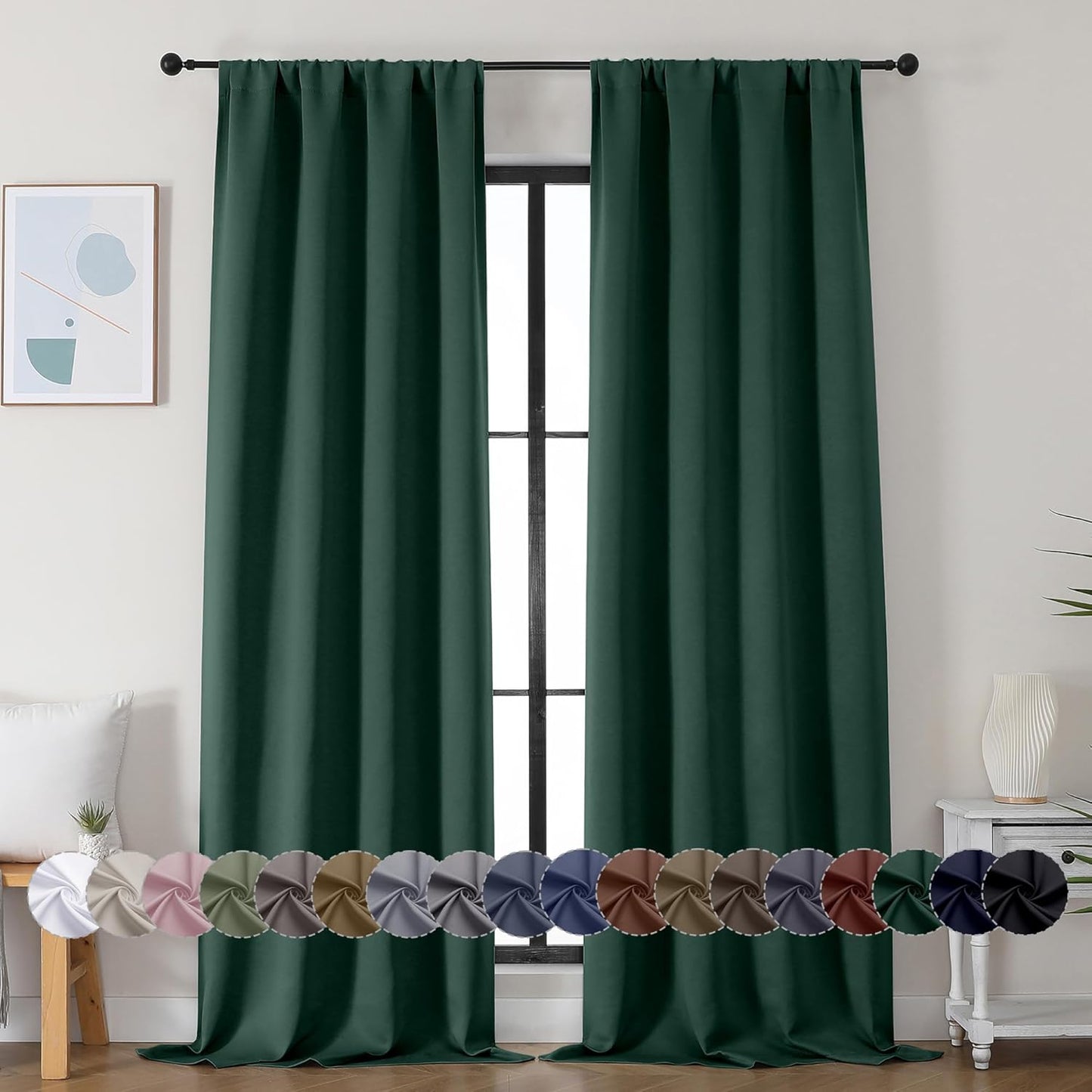 Simplebrand Ava Ever Green Blackout Curtains for Bedroom 96 Inches Long 2 Panels, Thermal Insulated, Energy Saving Living Room Window Treatment Curtains Blackout Drapes, W40 x L96 Inch, Ever Green