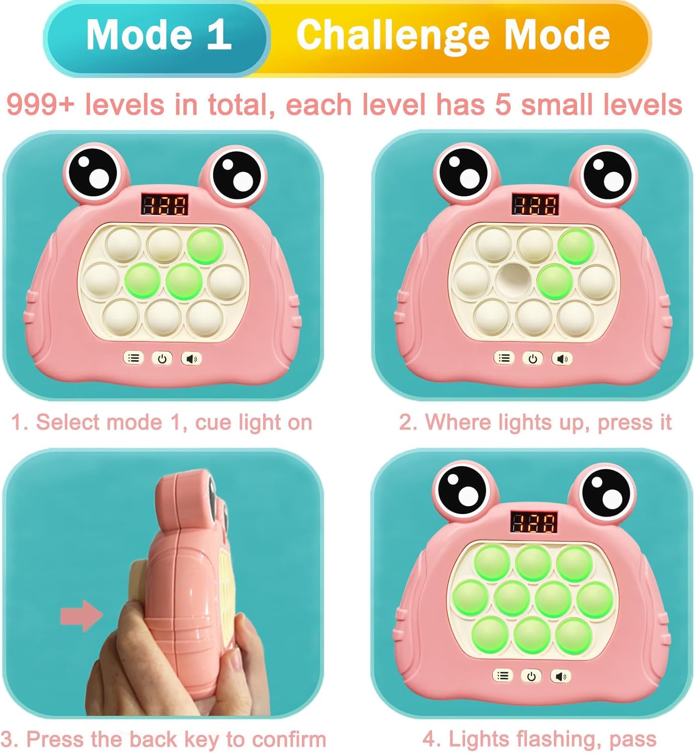 Pop Quick Push Game Light Up Fidget Toys Handheld Puzzle Press Popping Game Console for Kids Ages 3+ Adult Pink Frog