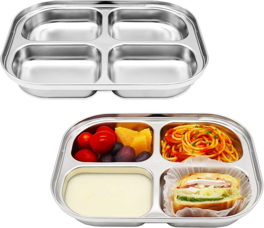 Korean Stainless Steel Divided Plates by KS&E, Little Kids Toddlers Babies Tray, BPA Free, Diet Food Control, Compact Serving Platter, Dinner Snack, 4 Compartment Plate Silver, Set of 2