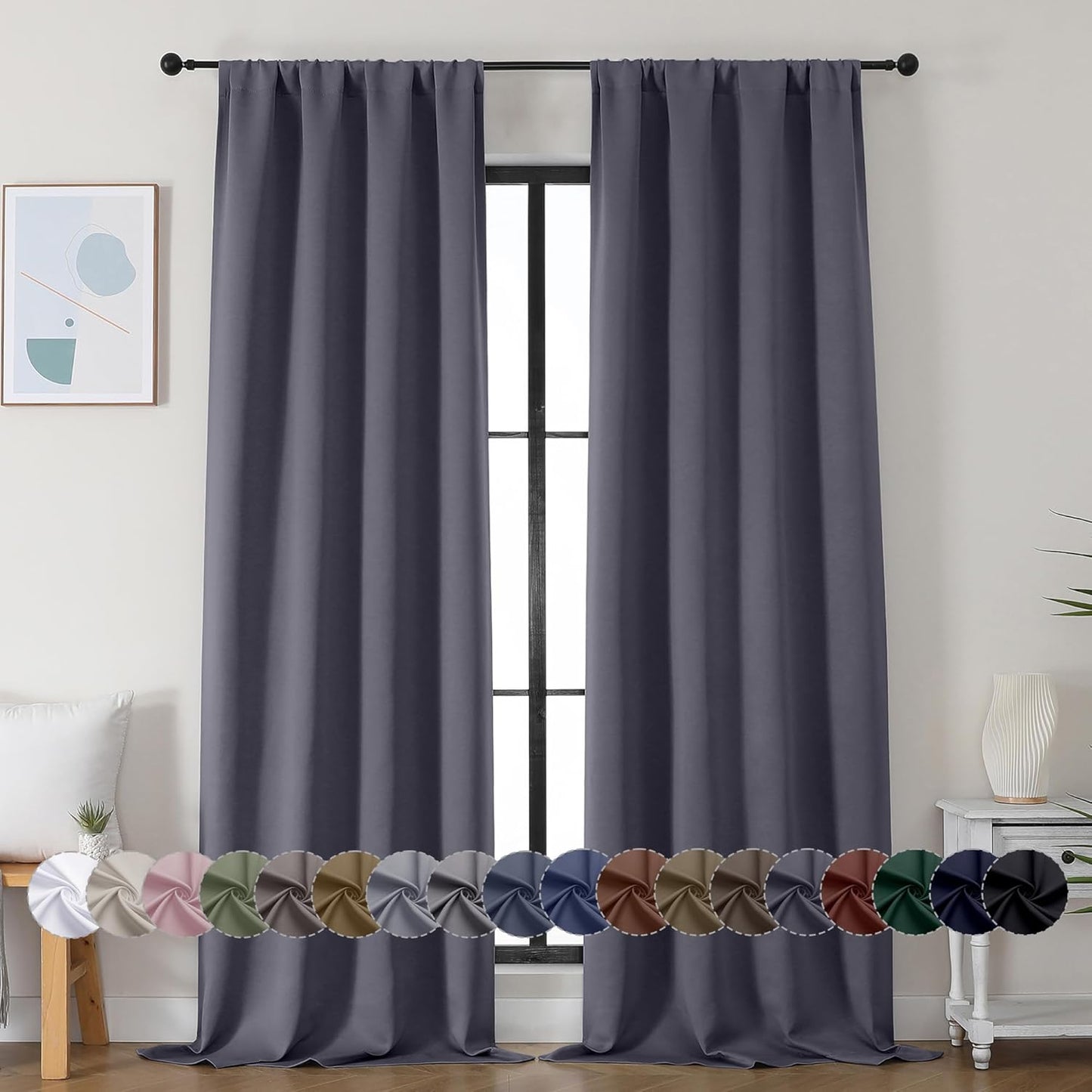 Simplebrand Ava Grey Blackout Curtains for Bedroom 96 Inches Long 2 Panels, Solid Thermal Insulated, Energy Saving Living Room Window Treatment Curtains Blackout Drapes, W40 x L96 Inch, Grey