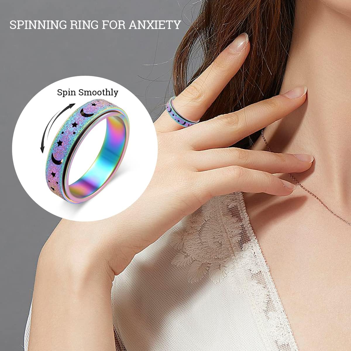 Anxiety Ring for Women Spinner Ring Fidget Ring Fidget Toys Adults Thumb Spinner Rings for Men Stainless Steel Moon Star Rainbow Size 9