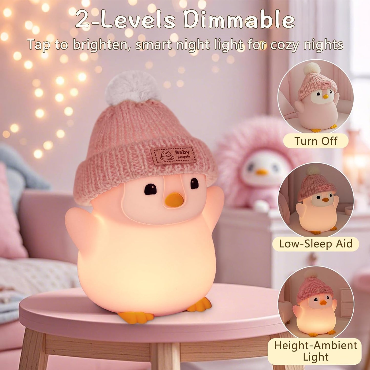 Penguin Night Light, Cute Pink Penguin Lamp with Knit Hat, Soft Silicone Nursery Nightlight for Baby, Rechargeable/Dimmable/Timer,LED Squishy Novelty Animal Bedside Lamp,Funny Gifts for Kids