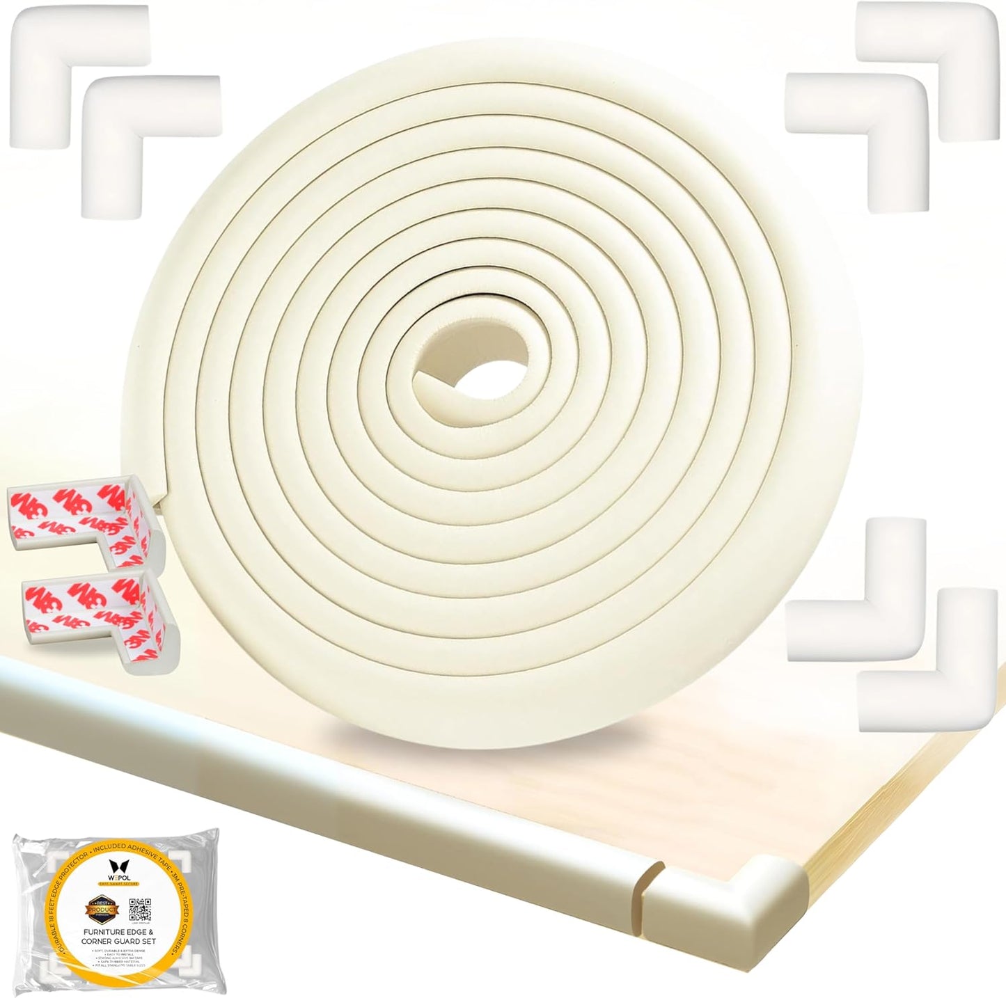Table Edge Protector for Baby Proofing (18ft Edge+8 Corners) Baby Proof Corners and Edges Guard, Soft NBR Rubber Foam 3M Adhesive, Furniture Corner & Edge Safety Bumpers for Table & Fireplace-White