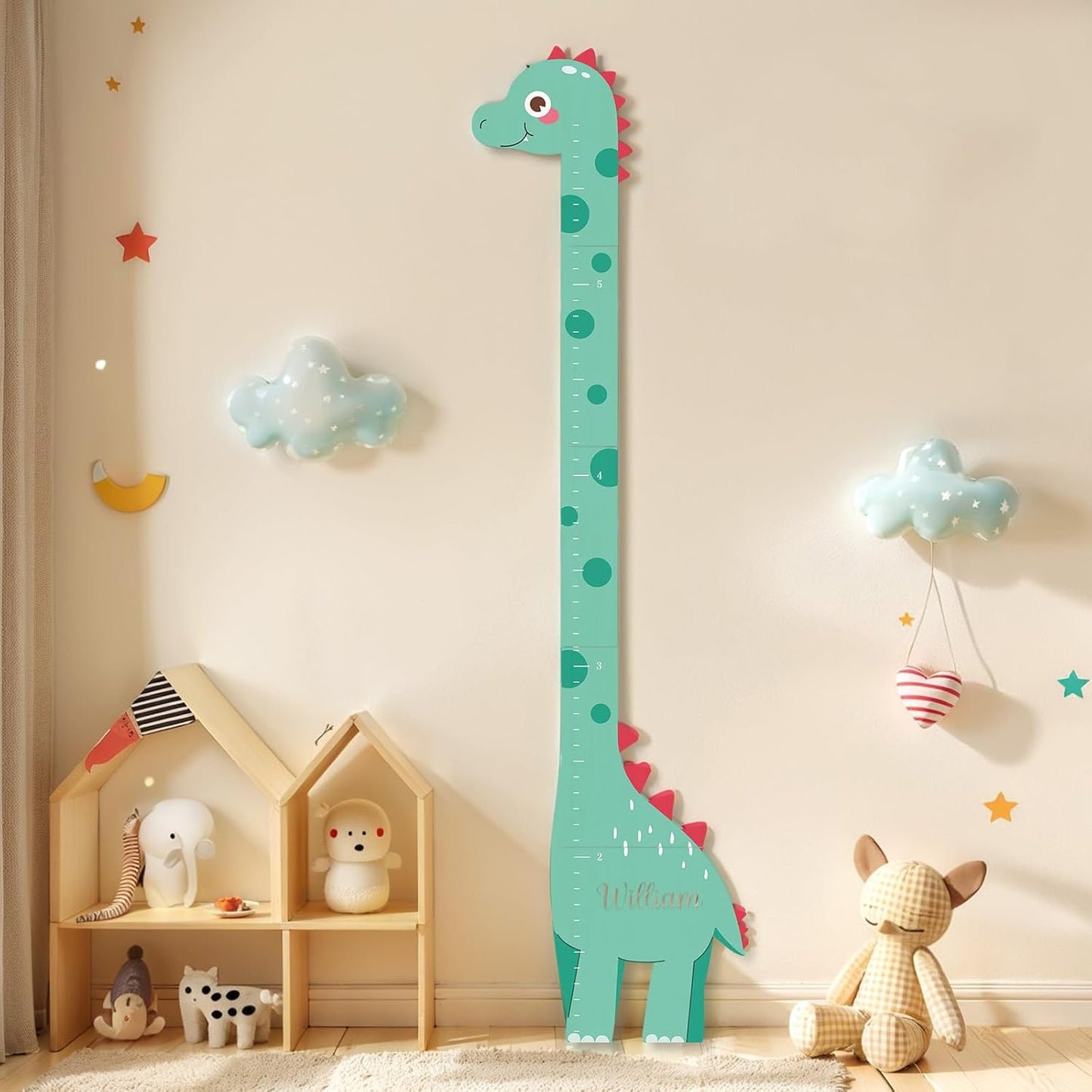 Wooden Dinosaur Height Chart – Personalized Name Growth Chart for Kids, Wall Decor 63" x 17.4"