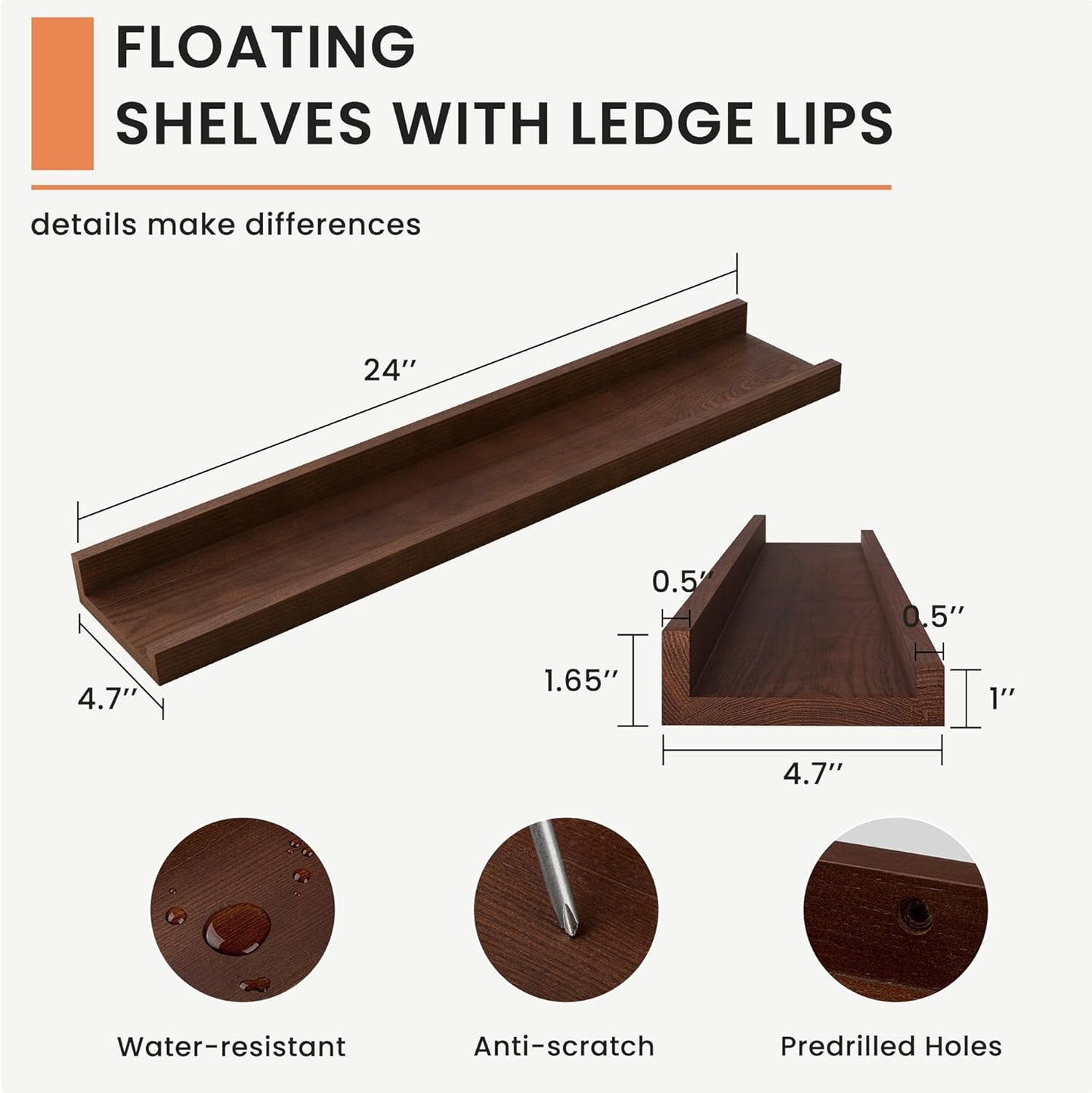 Solid Ash Wood Picture Ledge Shelf, 24 Inch Floating Shelves with Lip Set of 2, Photo Ledge Shelf Nursery Bookshelf Wall Mounted for Living Room Bedroom Decor, Walnut