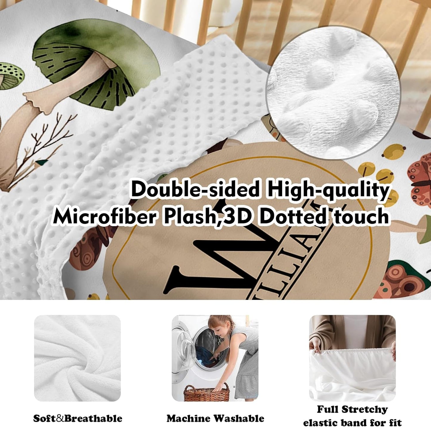 Personalized Baby Crib Bedding Set for Baby Boys Girls, Mushroom Design Custom Name Baby Crib Sets 5-Pcs, Toddler Double Layer Blanket Fitted Sheets Changing Pad Cover Rug Wall Art Set