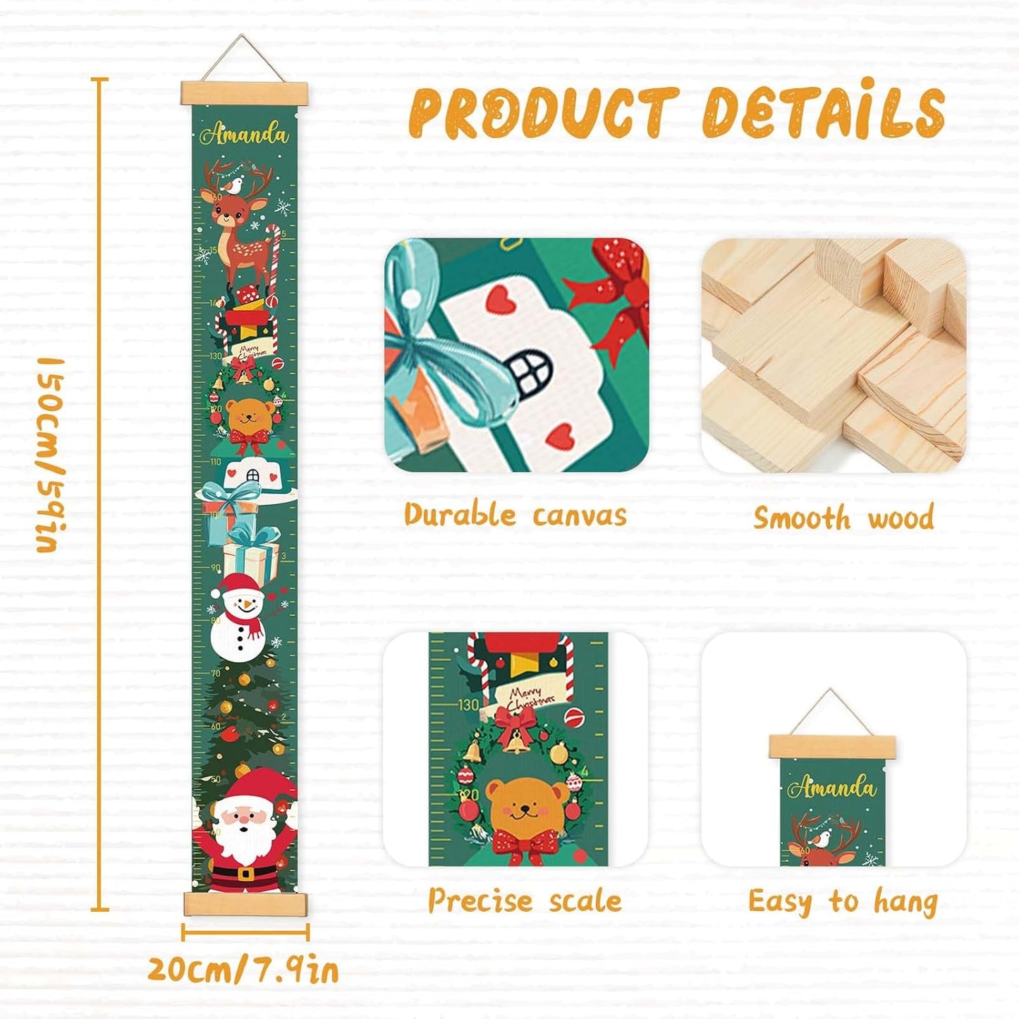 Personalized Name Growth Chart for Wall, Christmas Deer Height Chart, Waterproof Canvas Measure Wall Ruler Removable, Nursery Wall Decor for Baby Kids Toddlers,Christmas Gifts for Kid