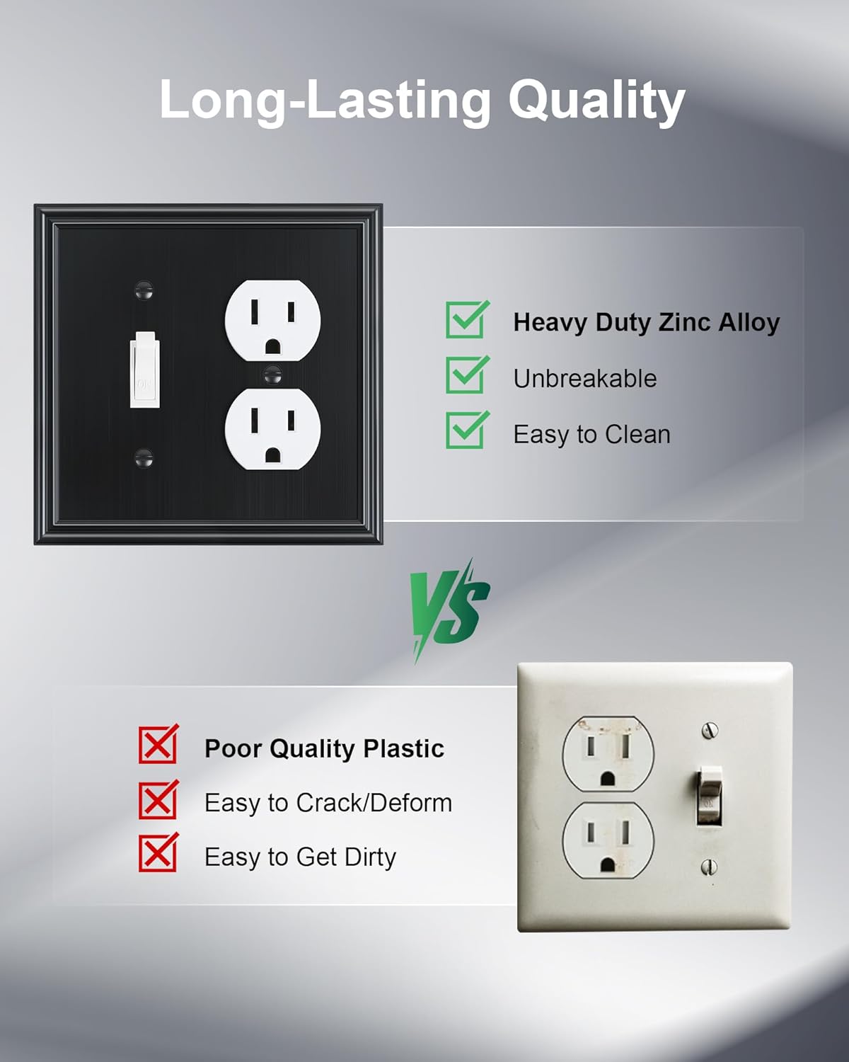 2-Pack Combo Toggle/Duplex Light Switch Cover Plate, Black Wall Outlet Cover Plate, Decorative Wall Receptacle Cover for Electrical Outlets, Light Switch, Durable Solid Zinc Alloy