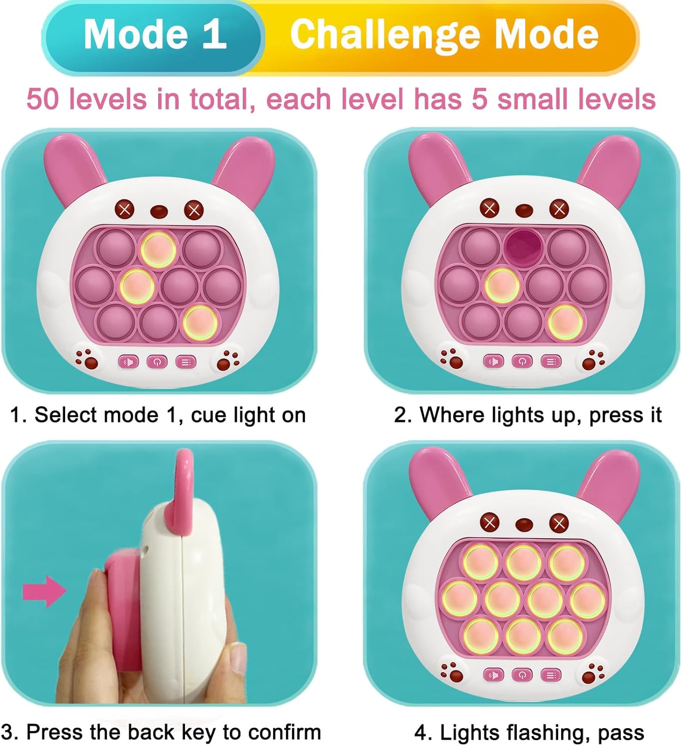 Pop Quick Push Game Console Fidget Toys Light Up Handheld Puzzle Press Popping Toy for Kids Adult Cute Rabbit