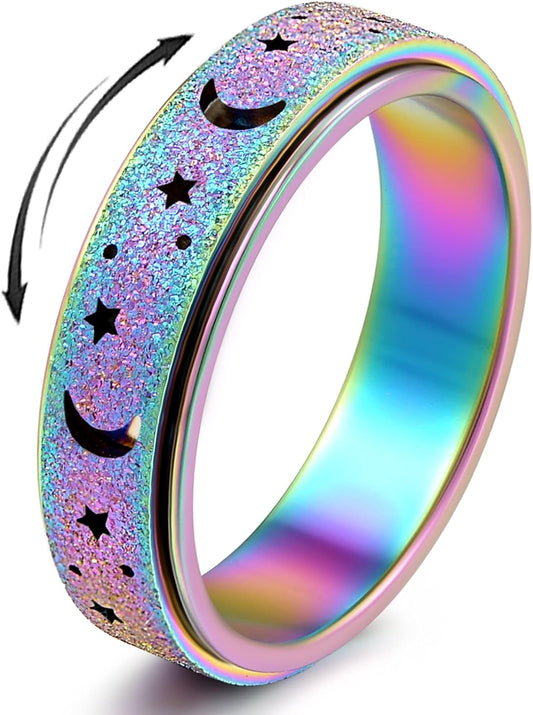 Anxiety Ring for Women Spinner Ring Fidget Ring Fidget Toys Adults Thumb Spinner Rings for Men Stainless Steel Moon Star Rainbow Size 9